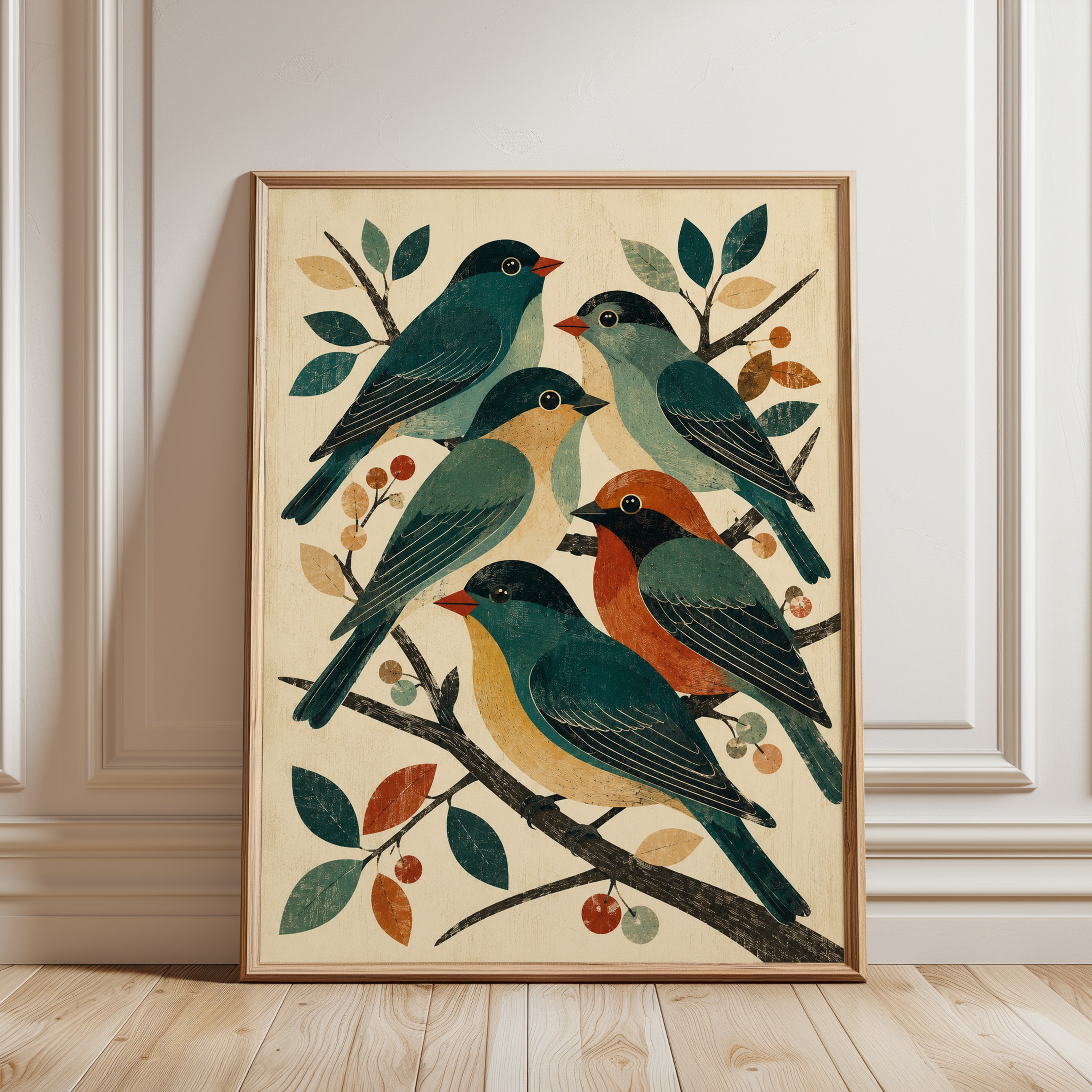 Folk Art Birds on Branches: Vintage Teal and Orange Wall Art - framed detail