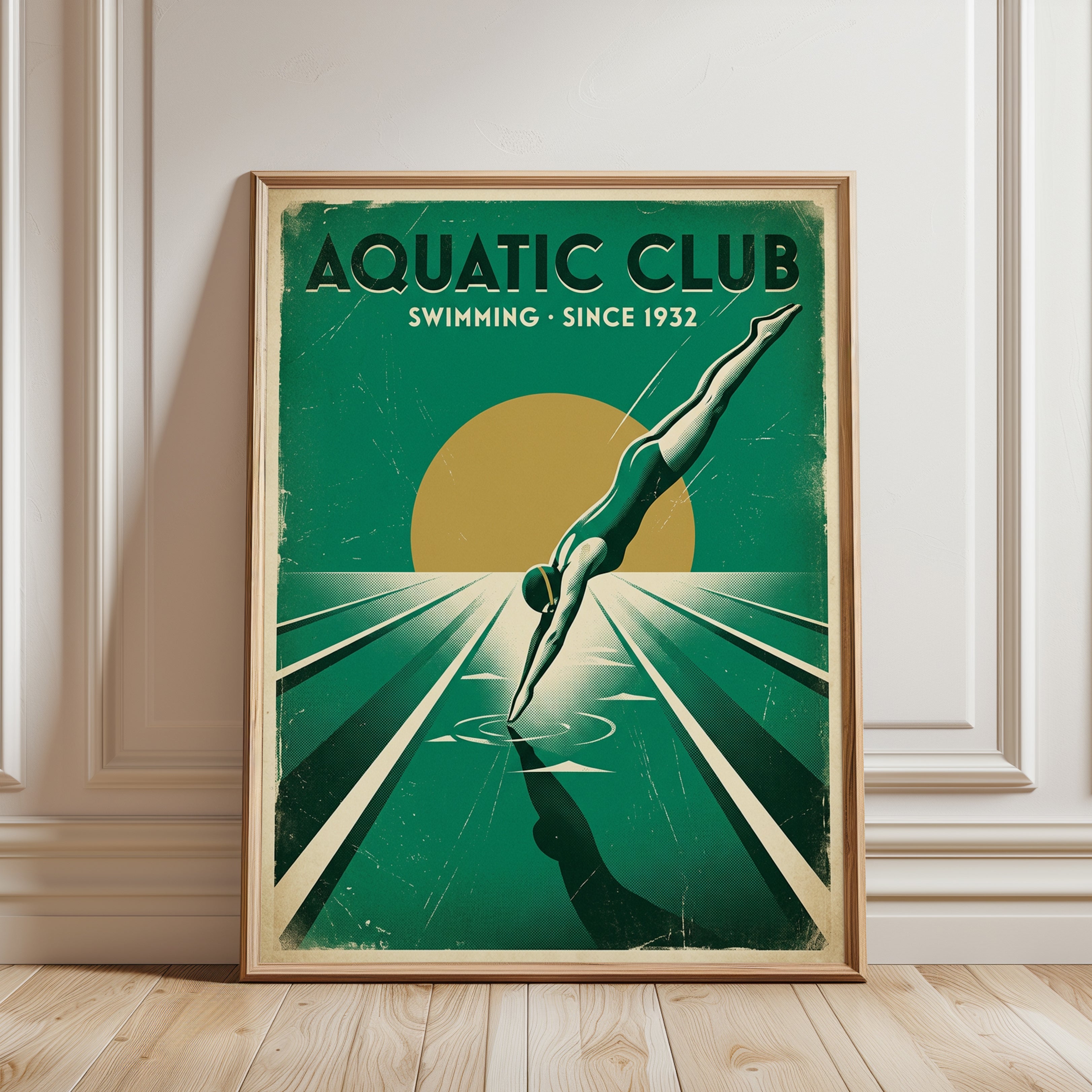Art Deco Swimming Poster – Vintage Aquatic Club Diver Print - framed detail