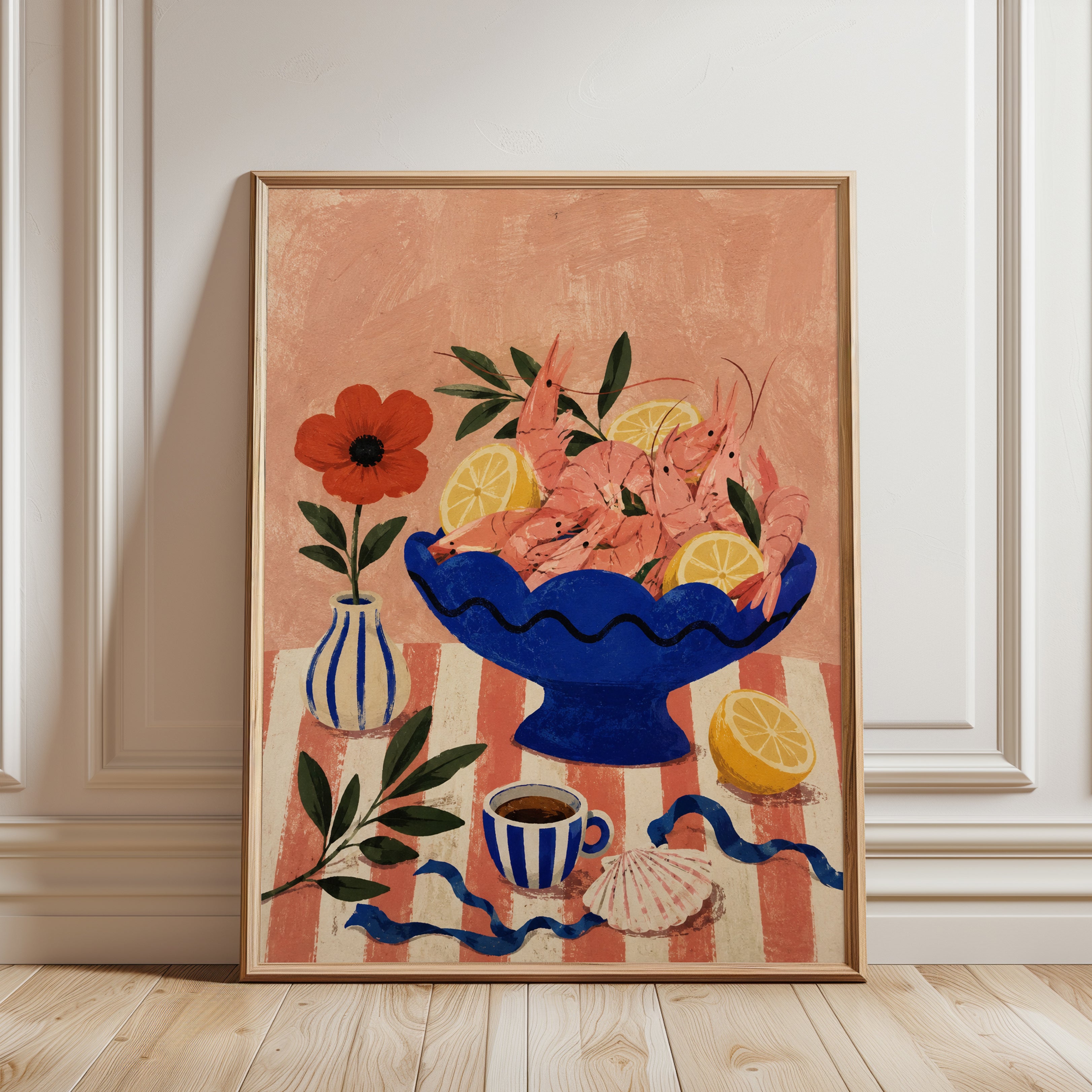 Shrimp Kitchen Wall Art – Food Still Life Print - framed detail