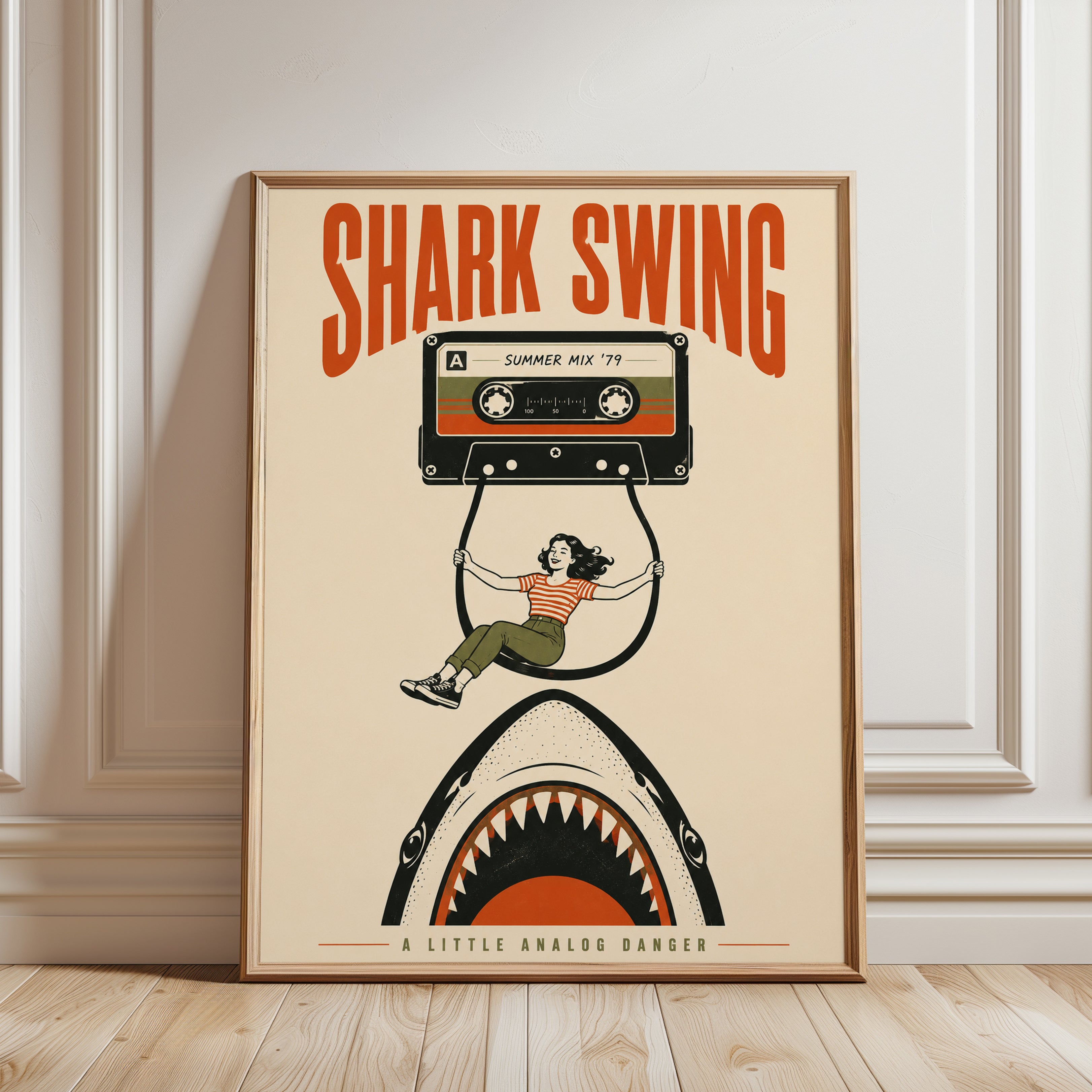 Shark Swing Retro Poster: Vintage Summer Mix Cassette Art Print - framed detail