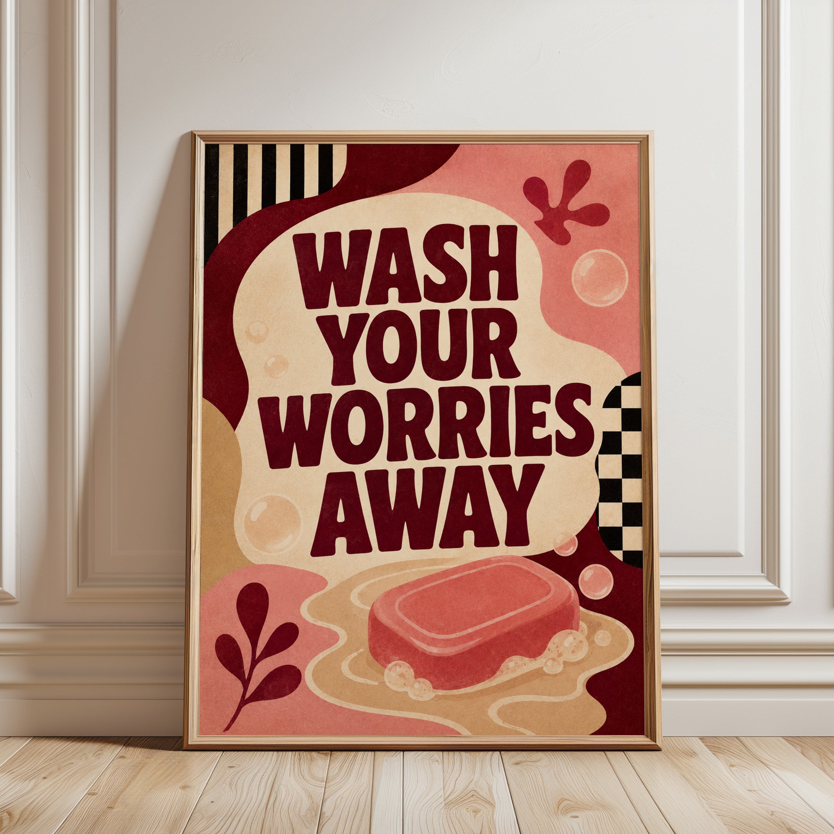 Wash Your Worries Away Art Print: Retro Bathroom Typography - framed detail