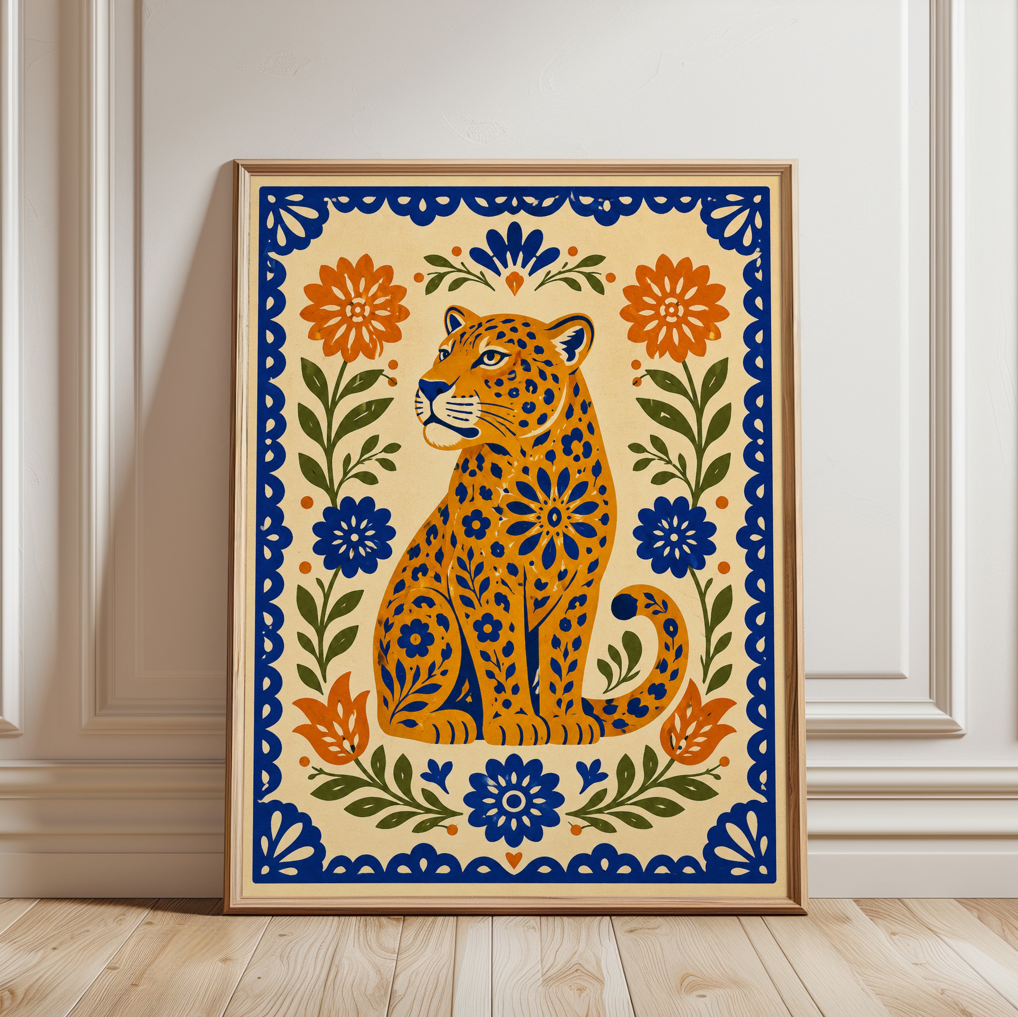 Folk Art Leopard Print – Floral Animal Wall Art - framed detail