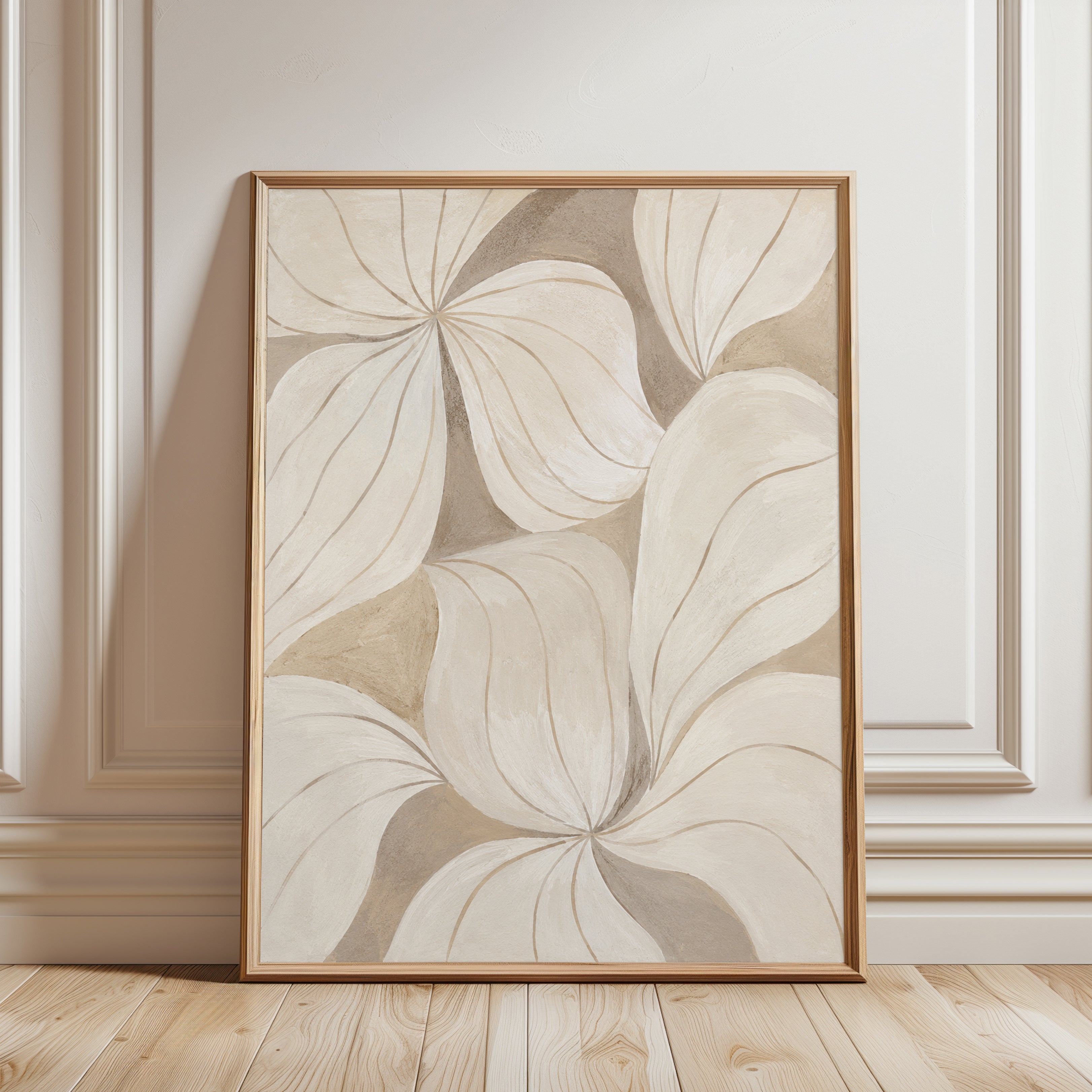 Neutral Botanical Blooms Art Print: Soft Beige Floral Design - framed detail