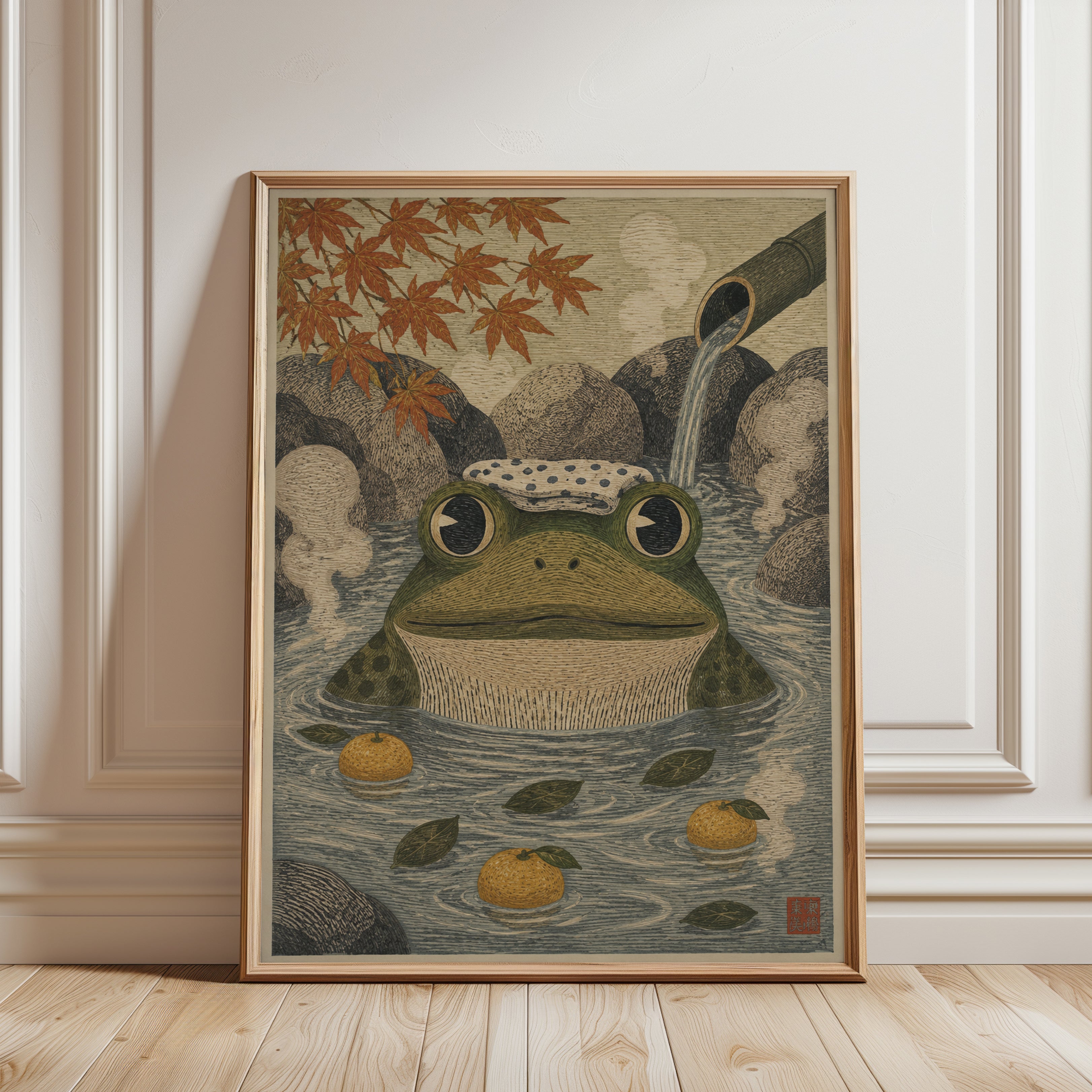 Vintage Frog Wall Art – Japanese Inspired Print - framed detail