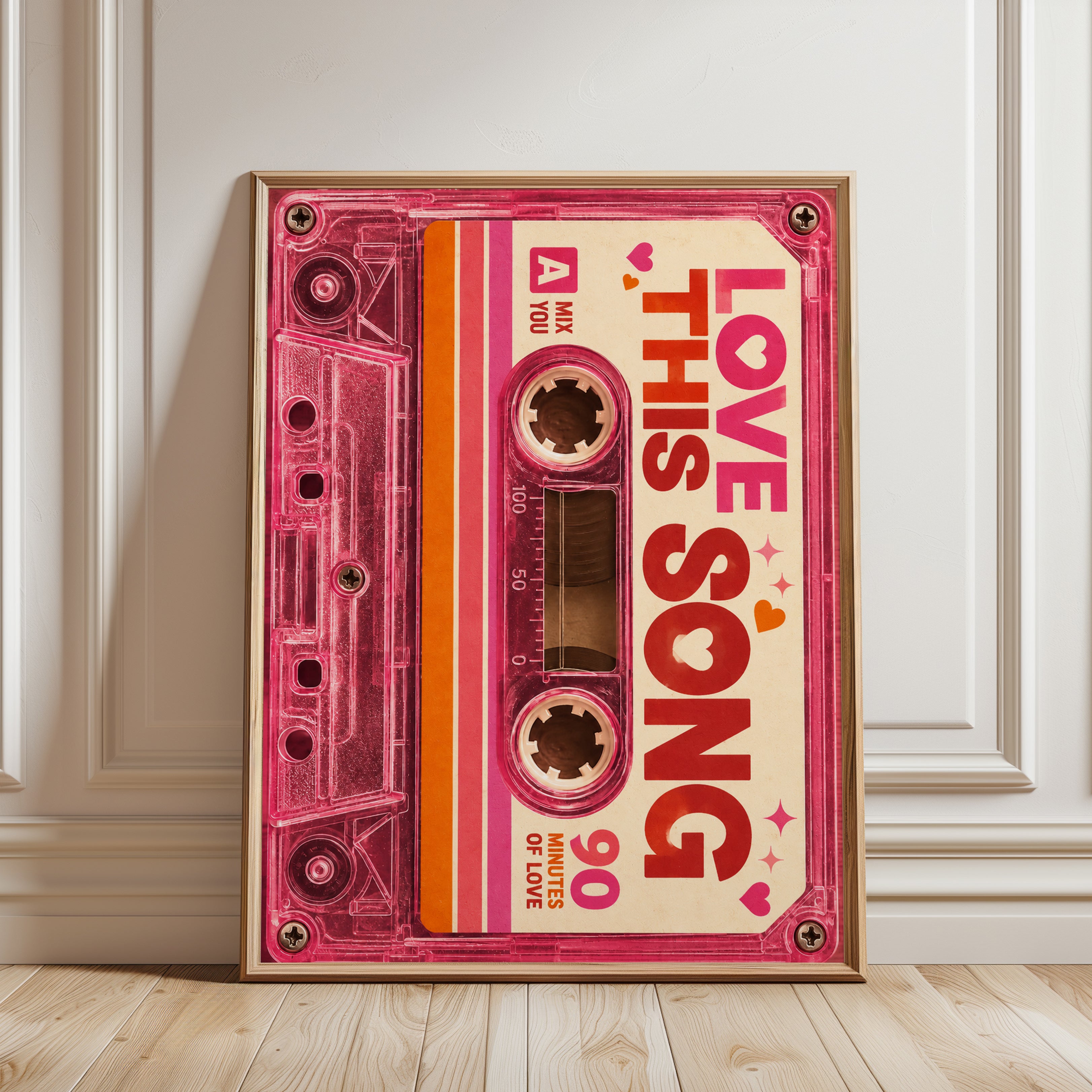 Retro Cassette Tape Print: Pink 90s Nostalgia Music Wall Art - framed detail