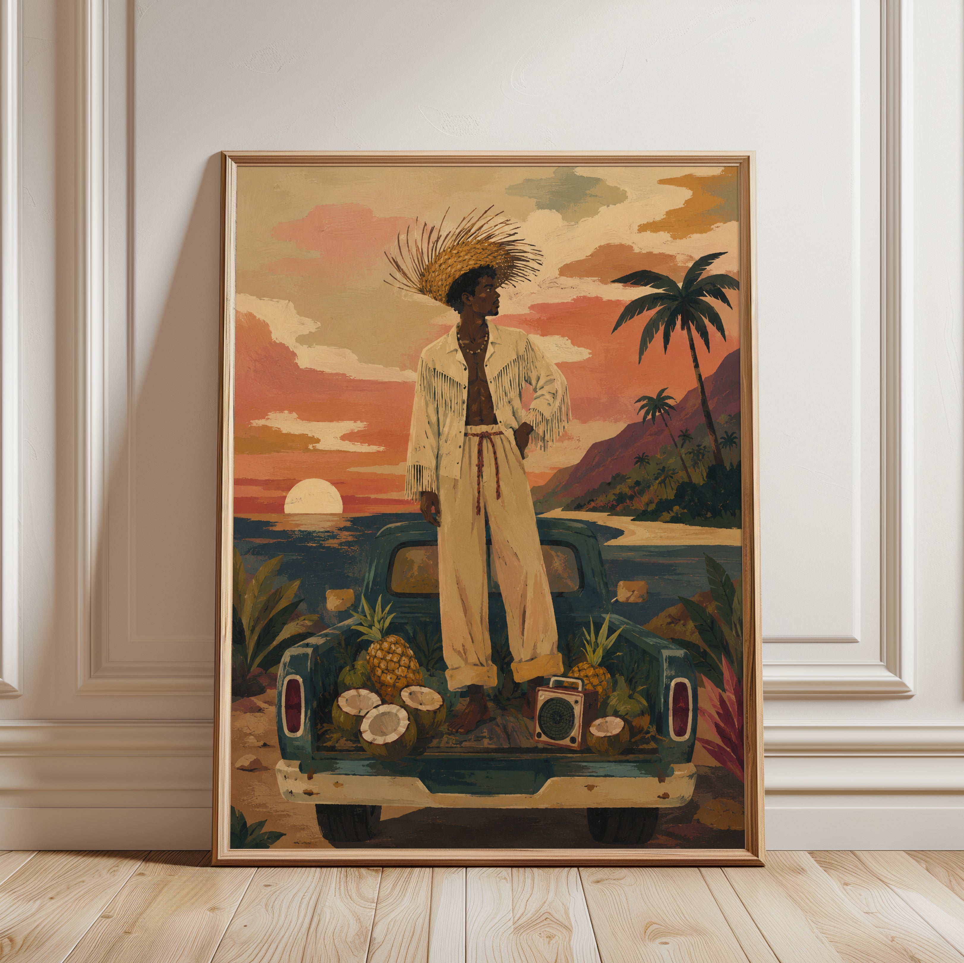 Tropical Sunset Vintage Truck Art Print: Retro Beach Scene - framed detail
