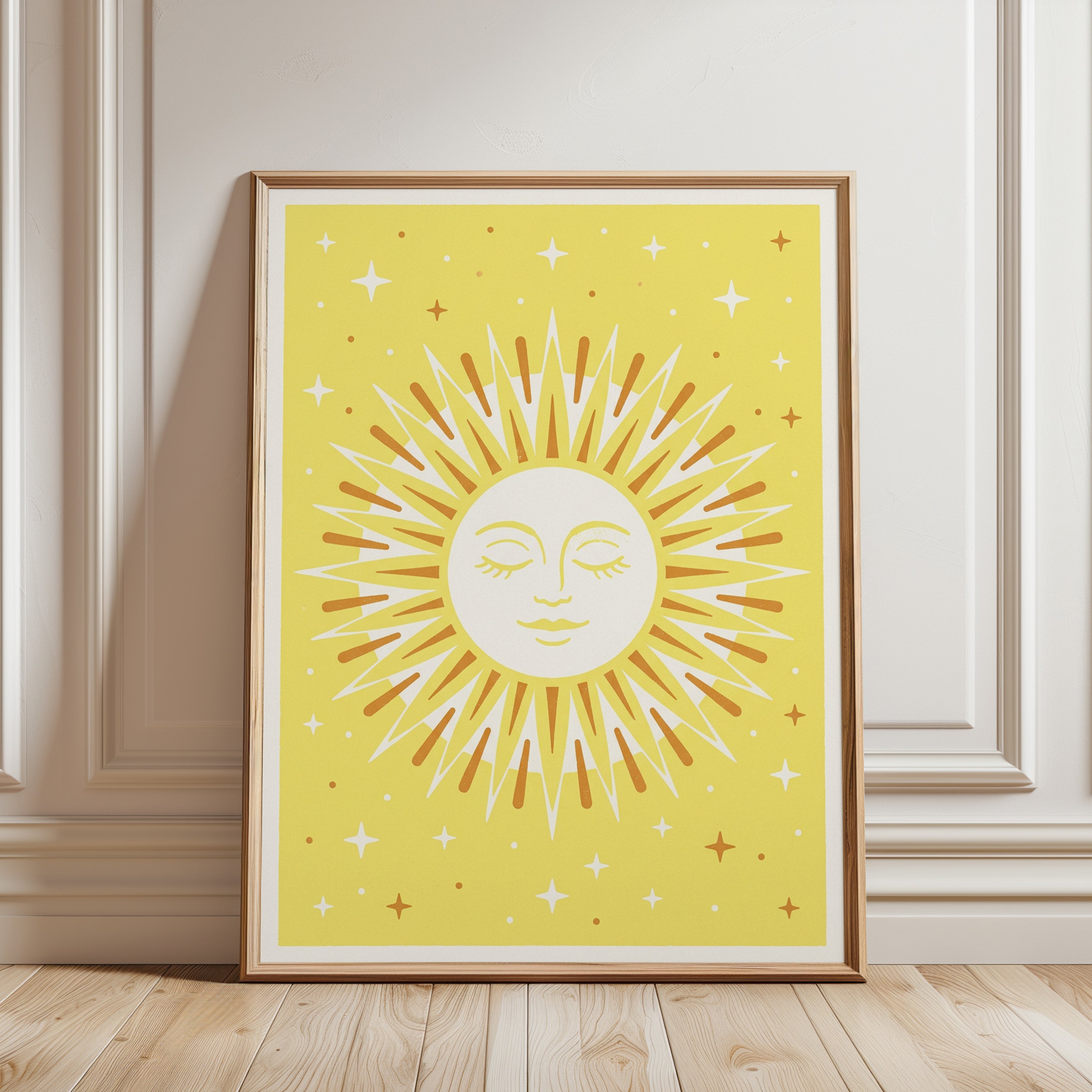 Celestial Sun Face Art Print: Mid-Century Modern Yellow Design - framed detail