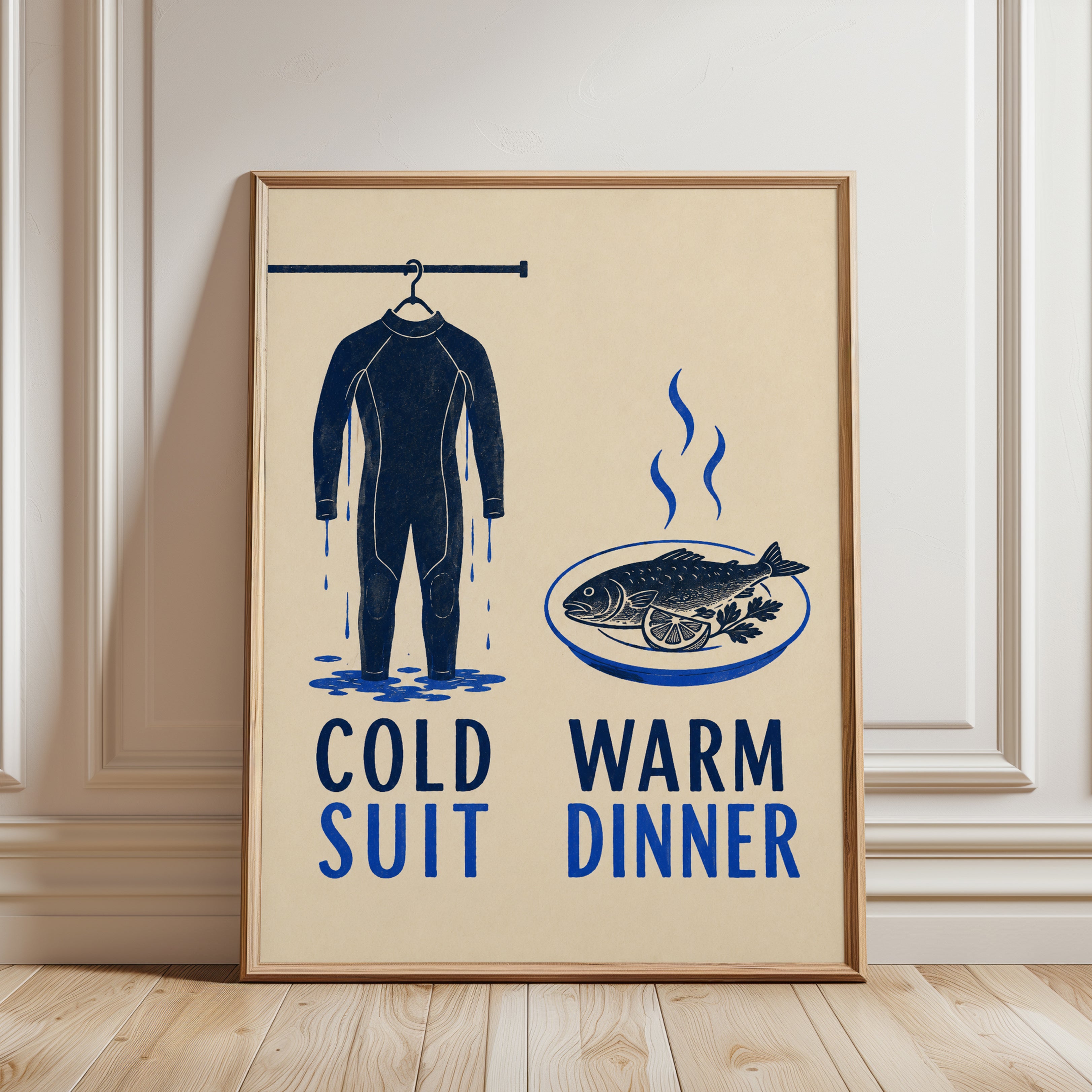 Kitchen Wall Art – Wetsuit and Fish Print - framed detail