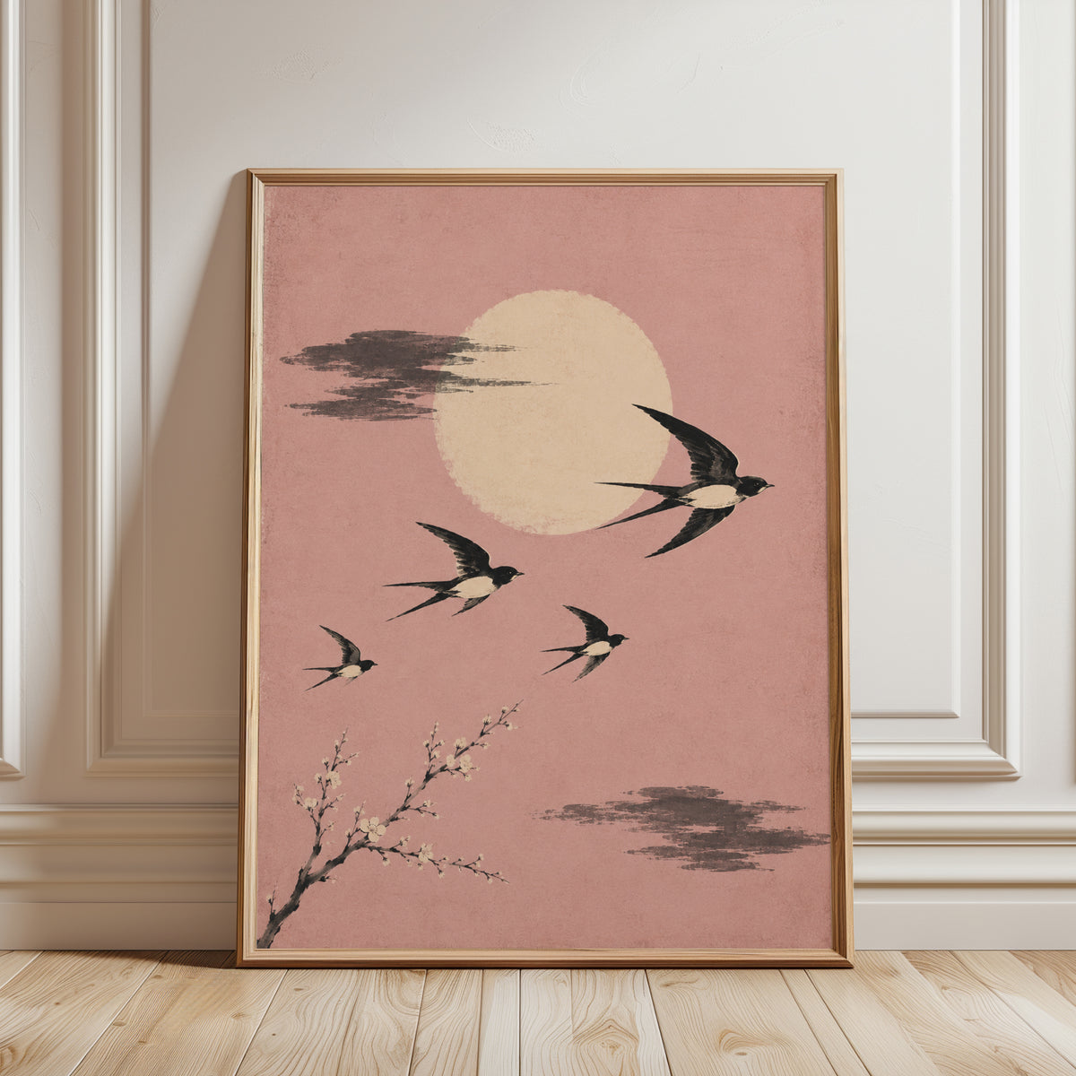 Cherry Blossom and Moon Swallow Print - framed detail