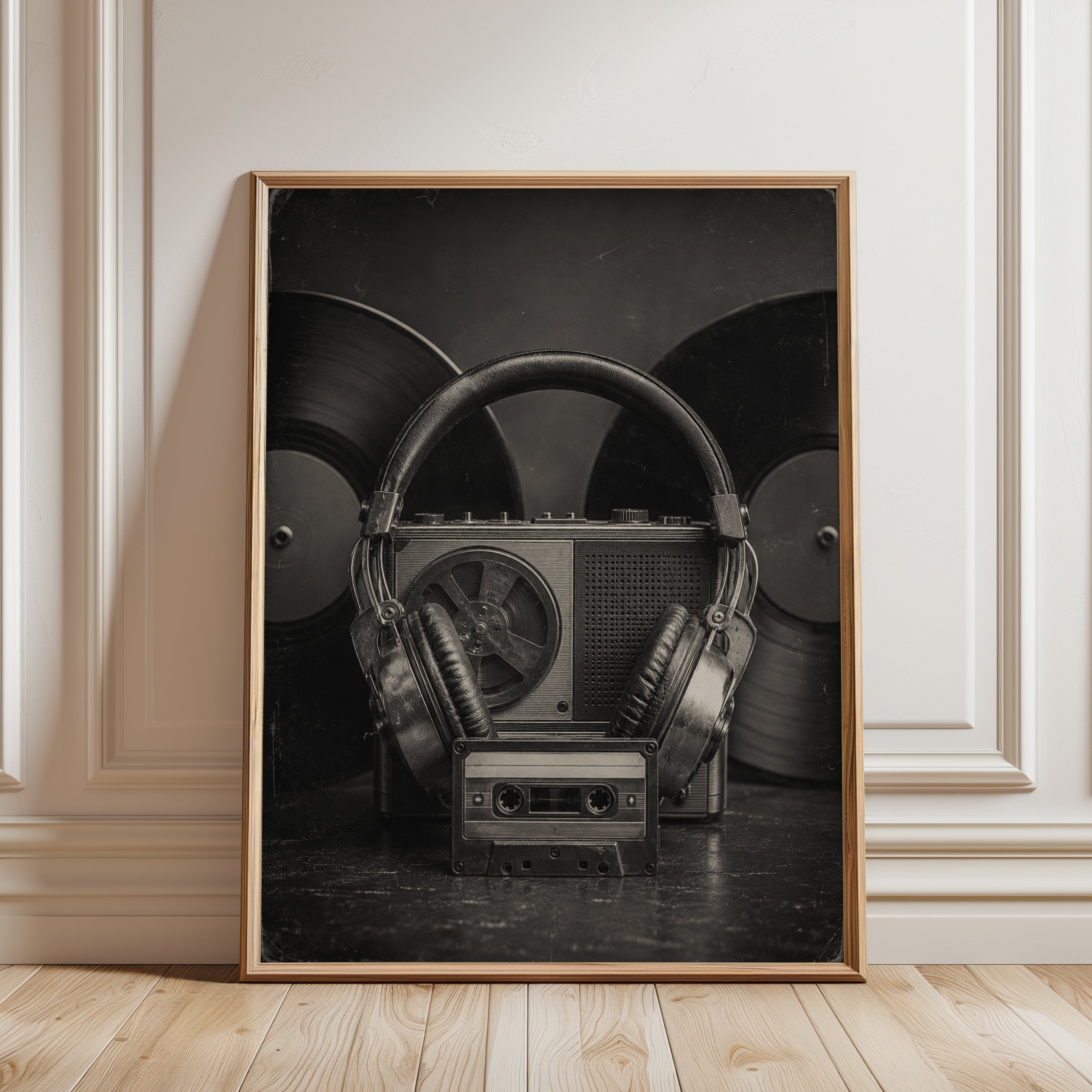 Vintage Audio Equipment Print — Retro Headphones Cassette Radio - framed detail