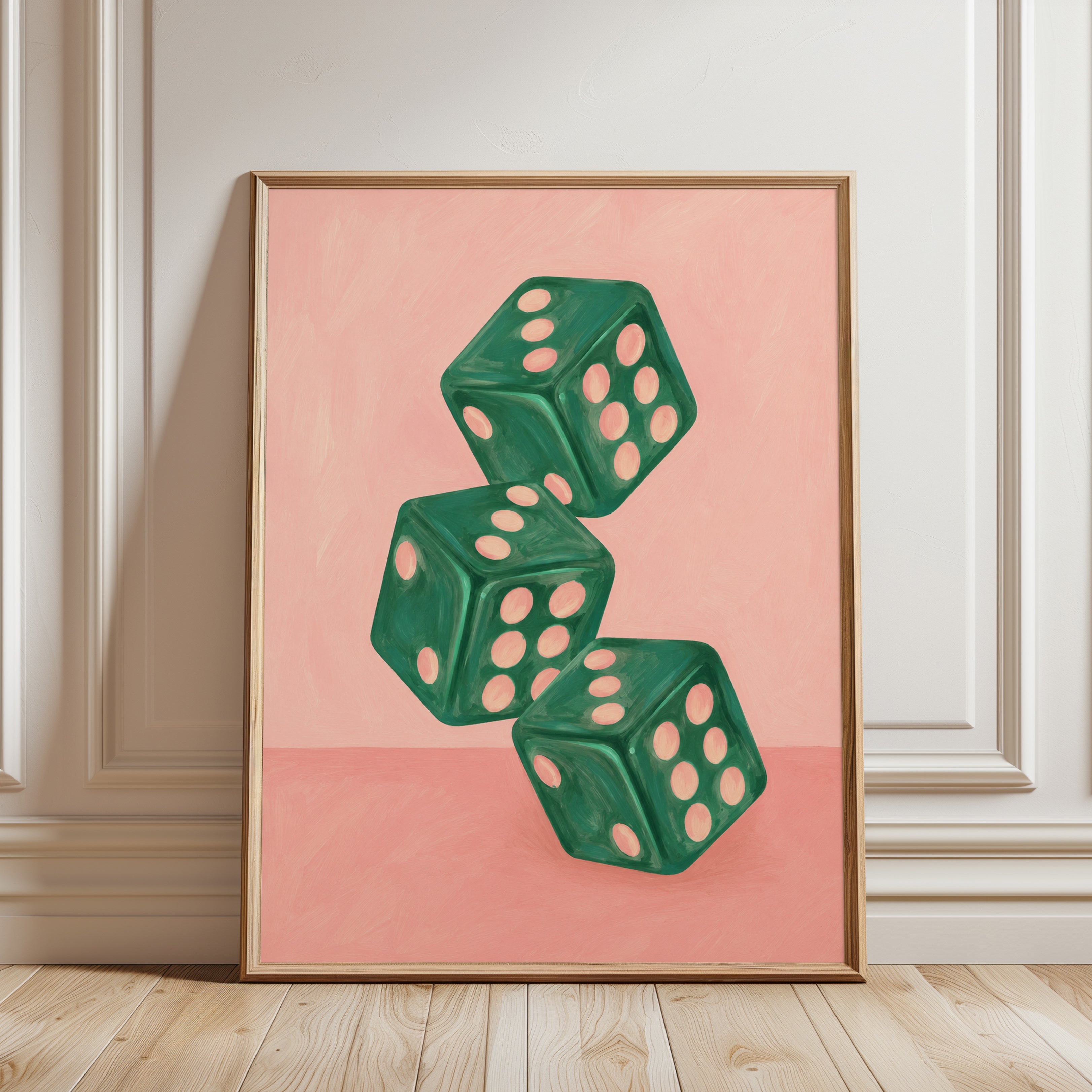 Green Dice Wall Art: Vintage Game Room Illustration on Pink - framed detail