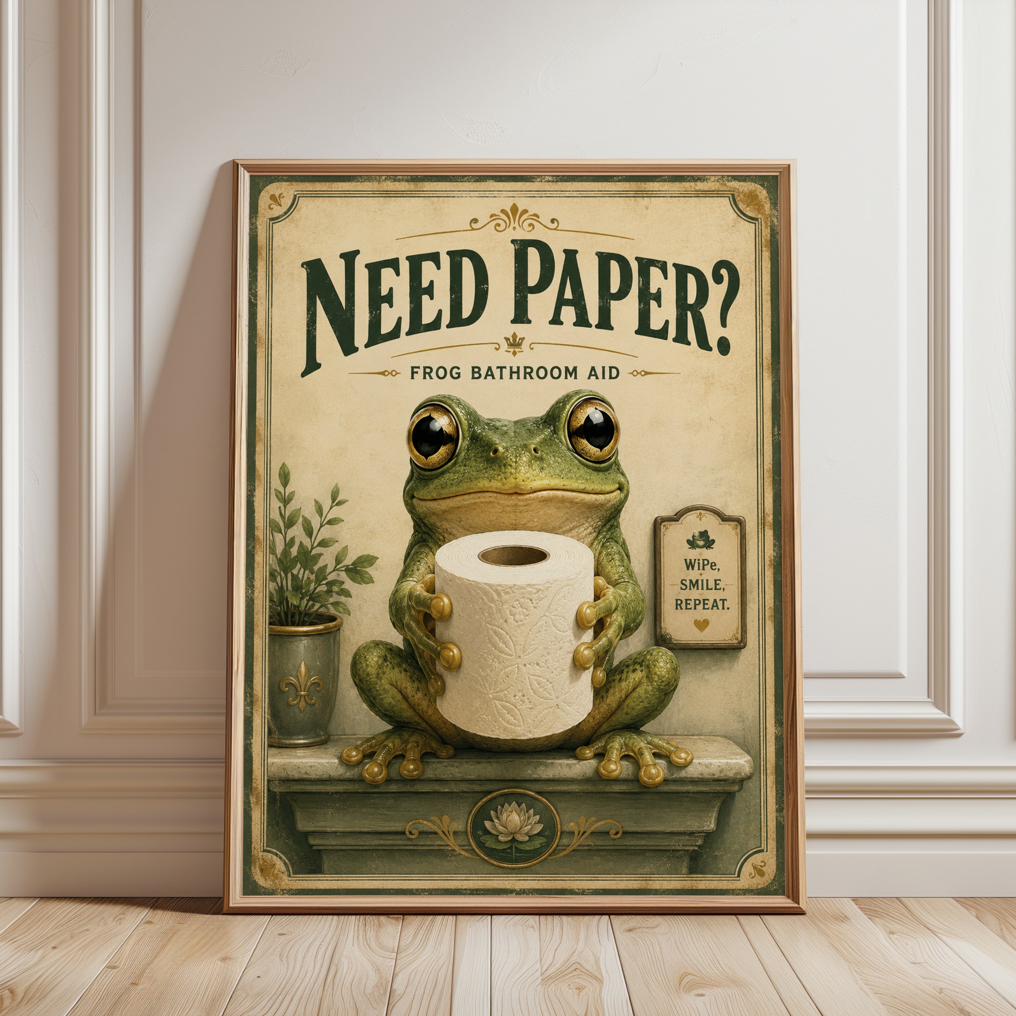 Funny Frog Bathroom Print - framed detail