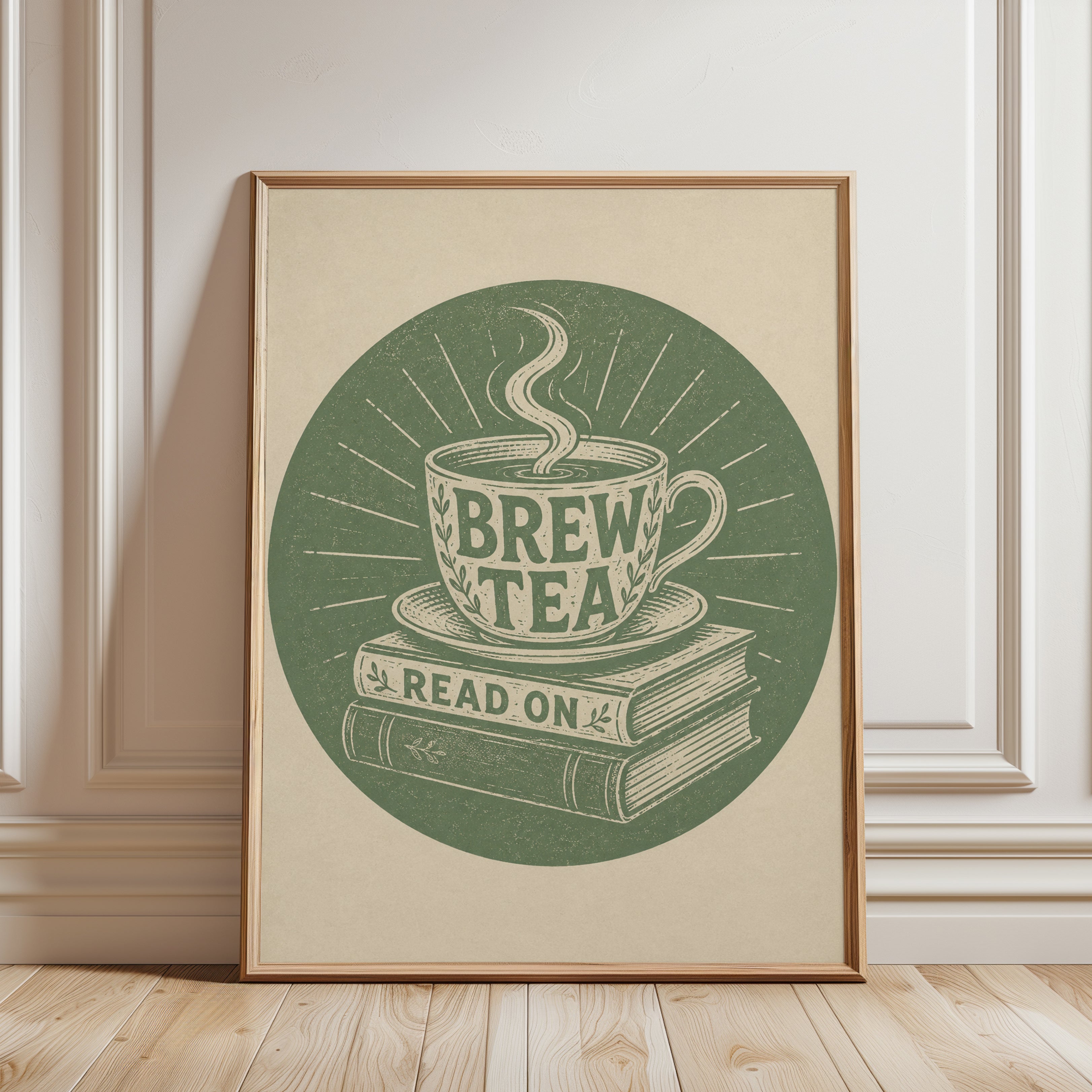 Tea and Books Wall Art: Vintage Linocut - framed detail
