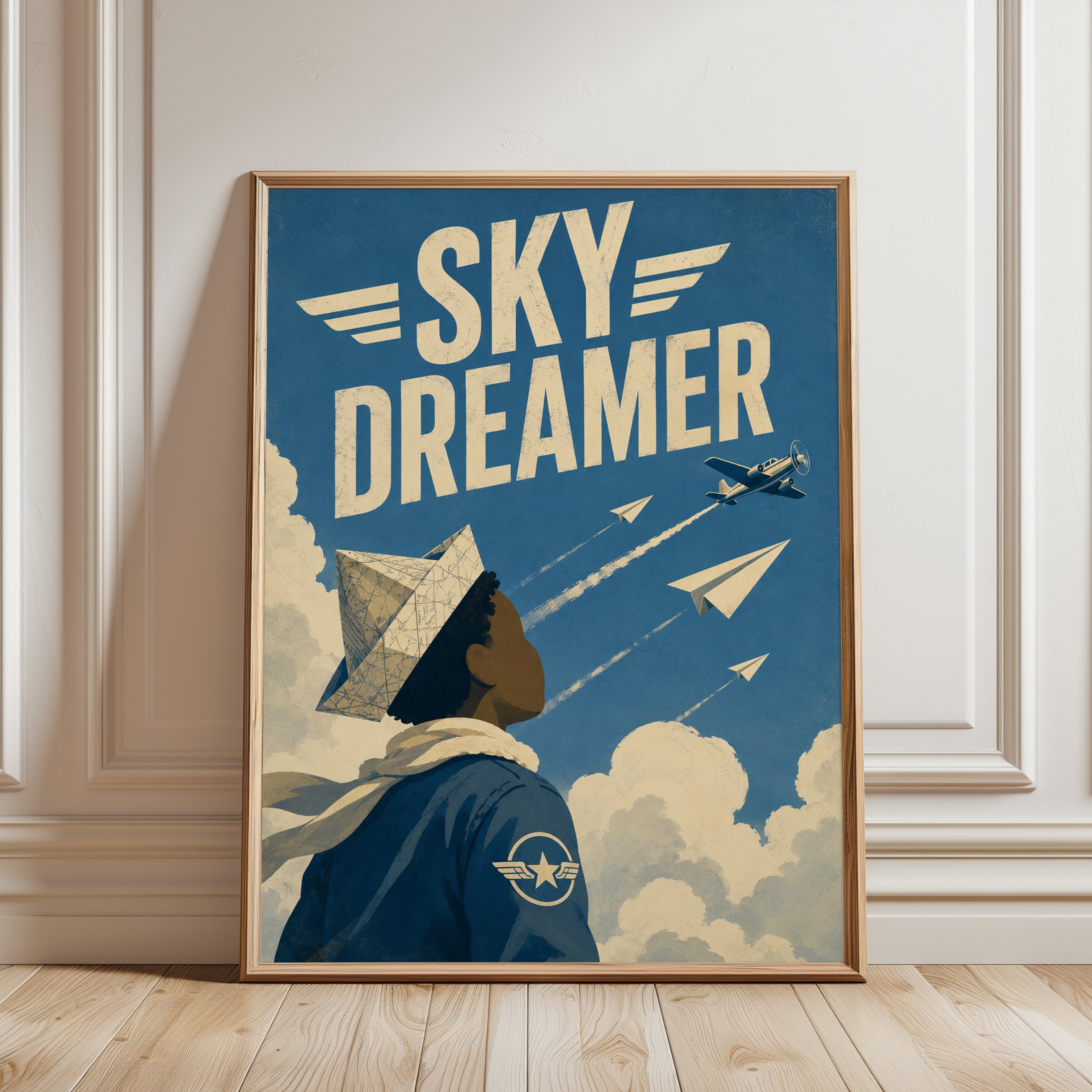 Sky Dreamer Aviation Poster: Retro Art Deco Blue Flight Design - framed detail