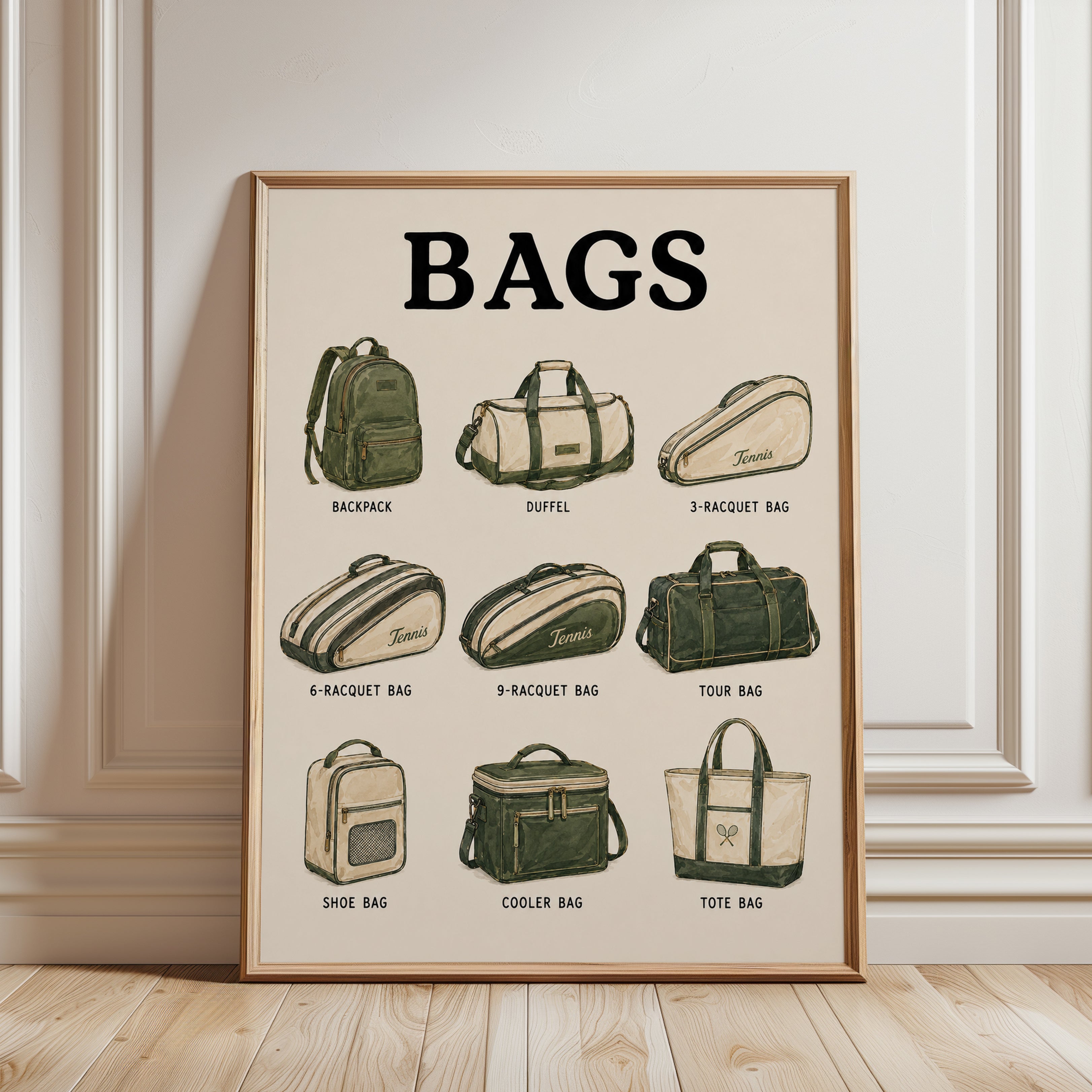 Vintage Tennis Bags Chart: Retro Sports Equipment Illustration - framed detail