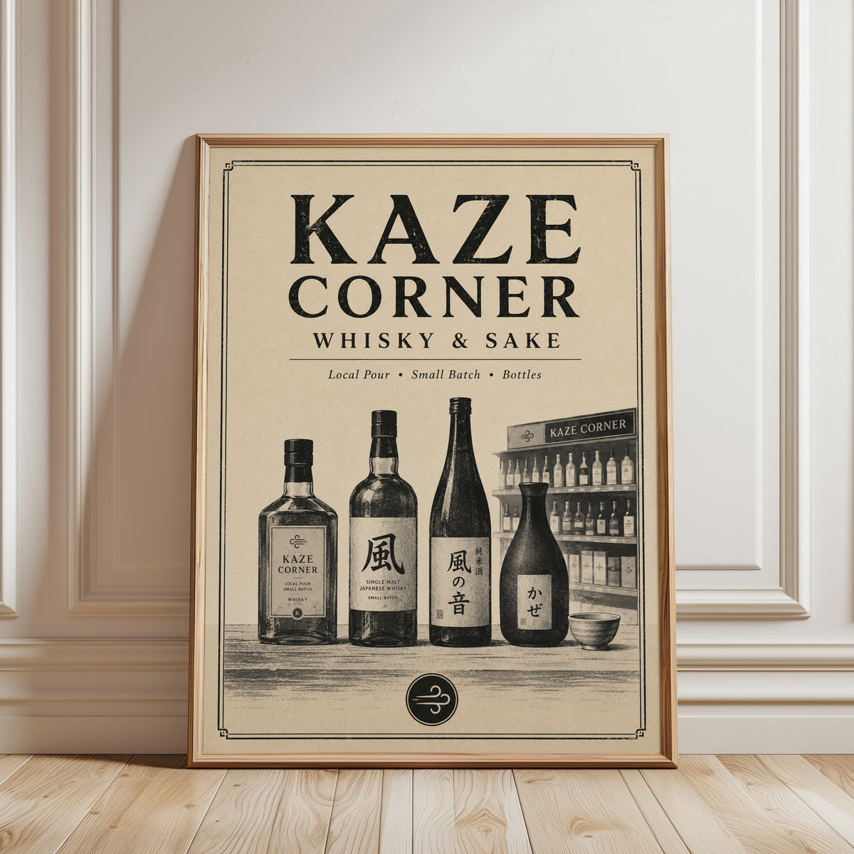 Kaze Corner Whisky Sake Bar Poster: Vintage Japanese Advertisement - framed detail