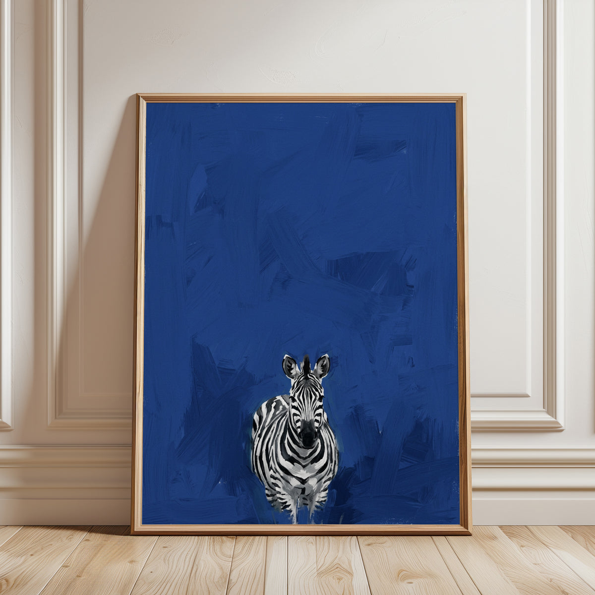 Zebra Art Print — Bold Blue Background - framed detail