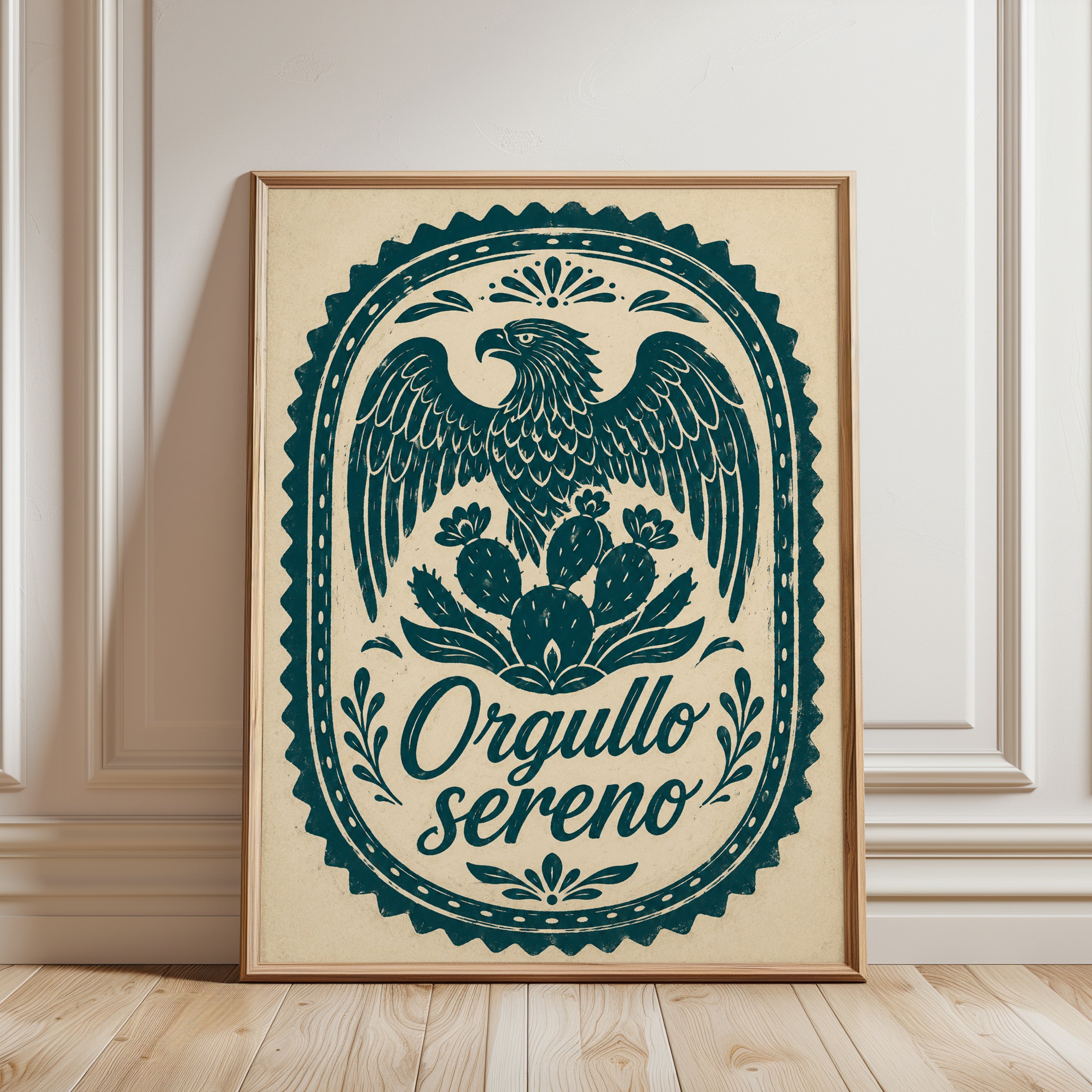 Mexican Eagle And Cactus Art Print: Teal Folk Art Design - framed detail