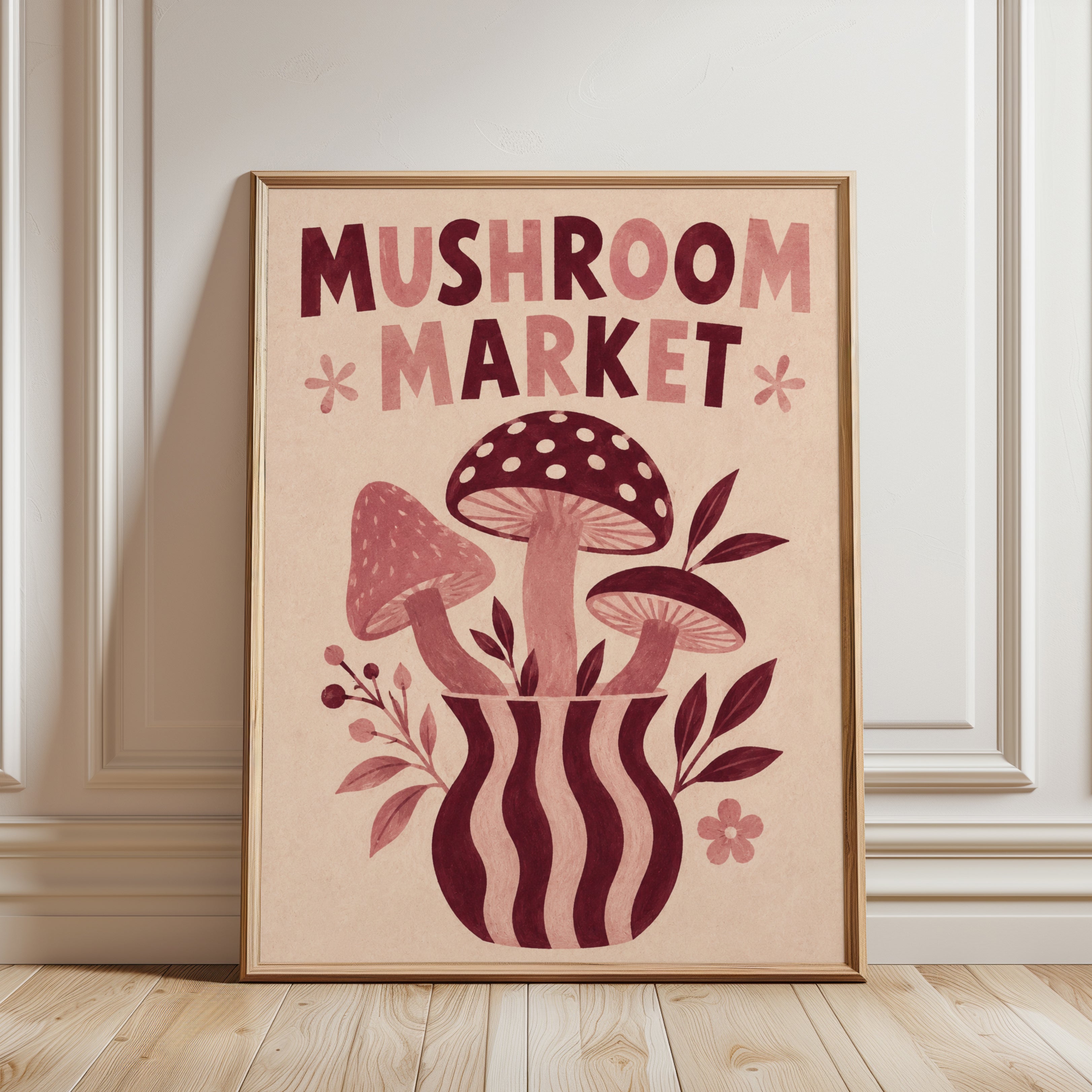 Mushroom Market Poster: Retro Folk Art Botanical Design - framed detail