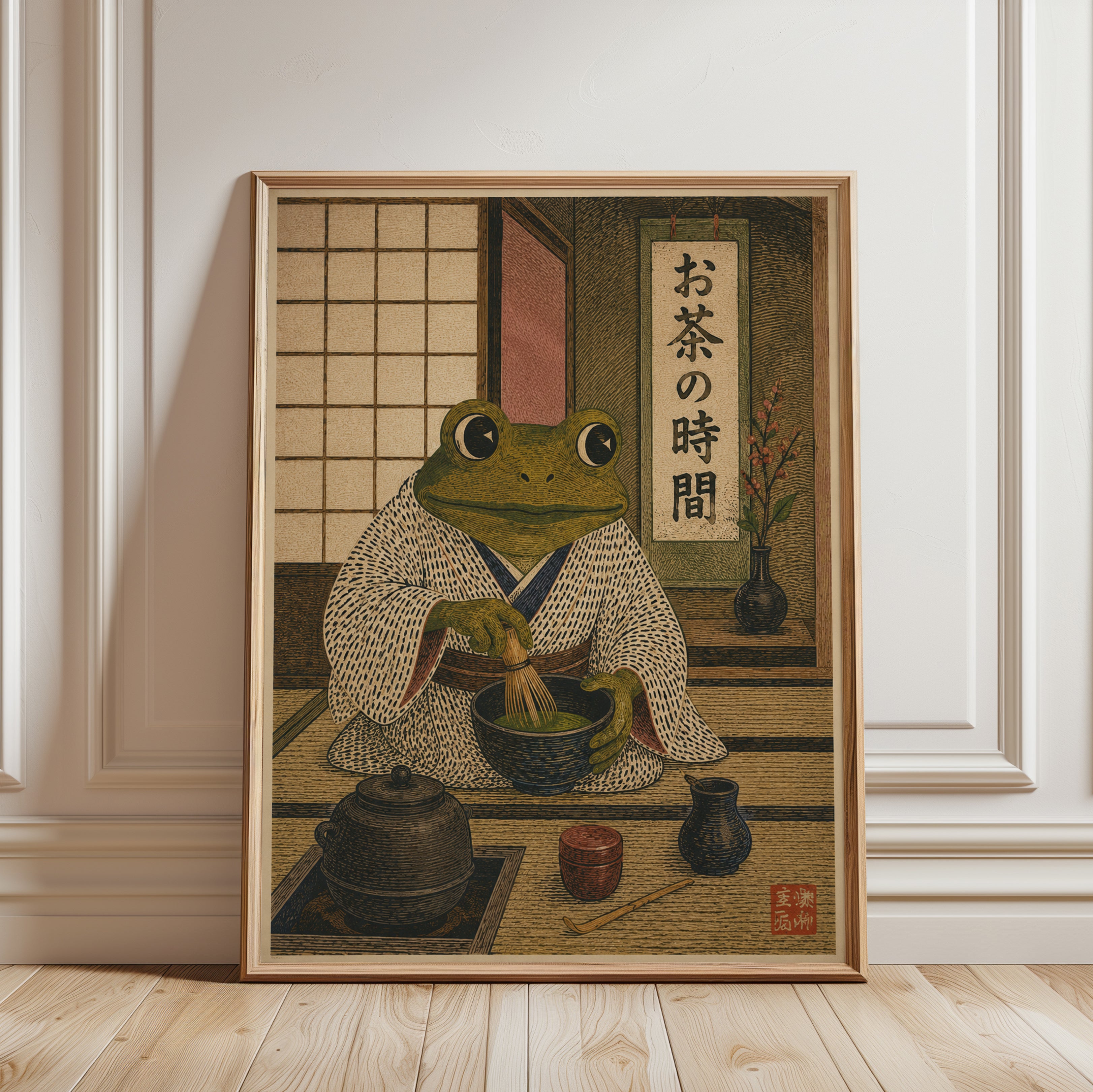 Frog Tea Ceremony Print – Vintage Japanese Decor - framed detail