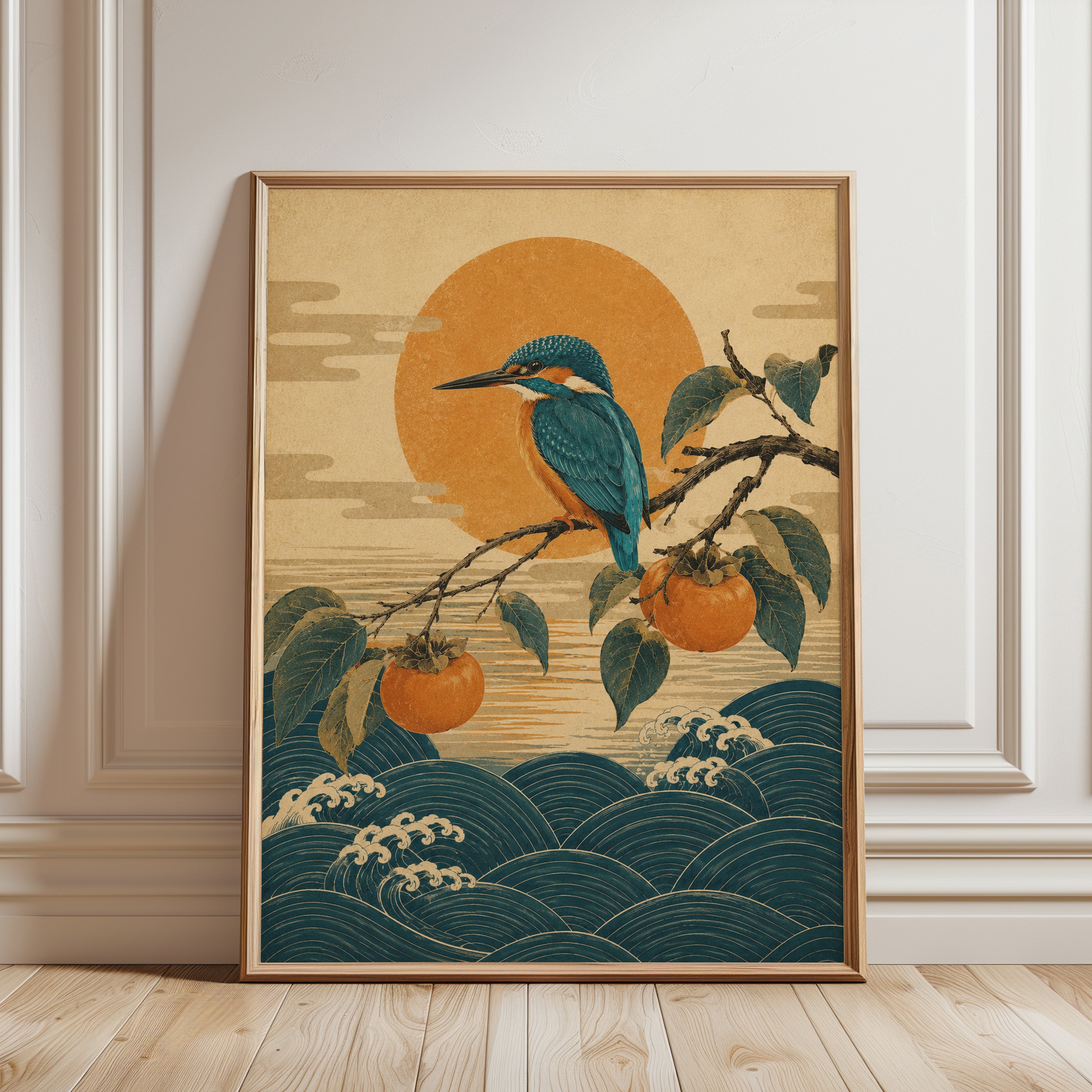 Kingfisher Wall Art: Asian Botanical Print (Ukiyo-e Style) - framed detail
