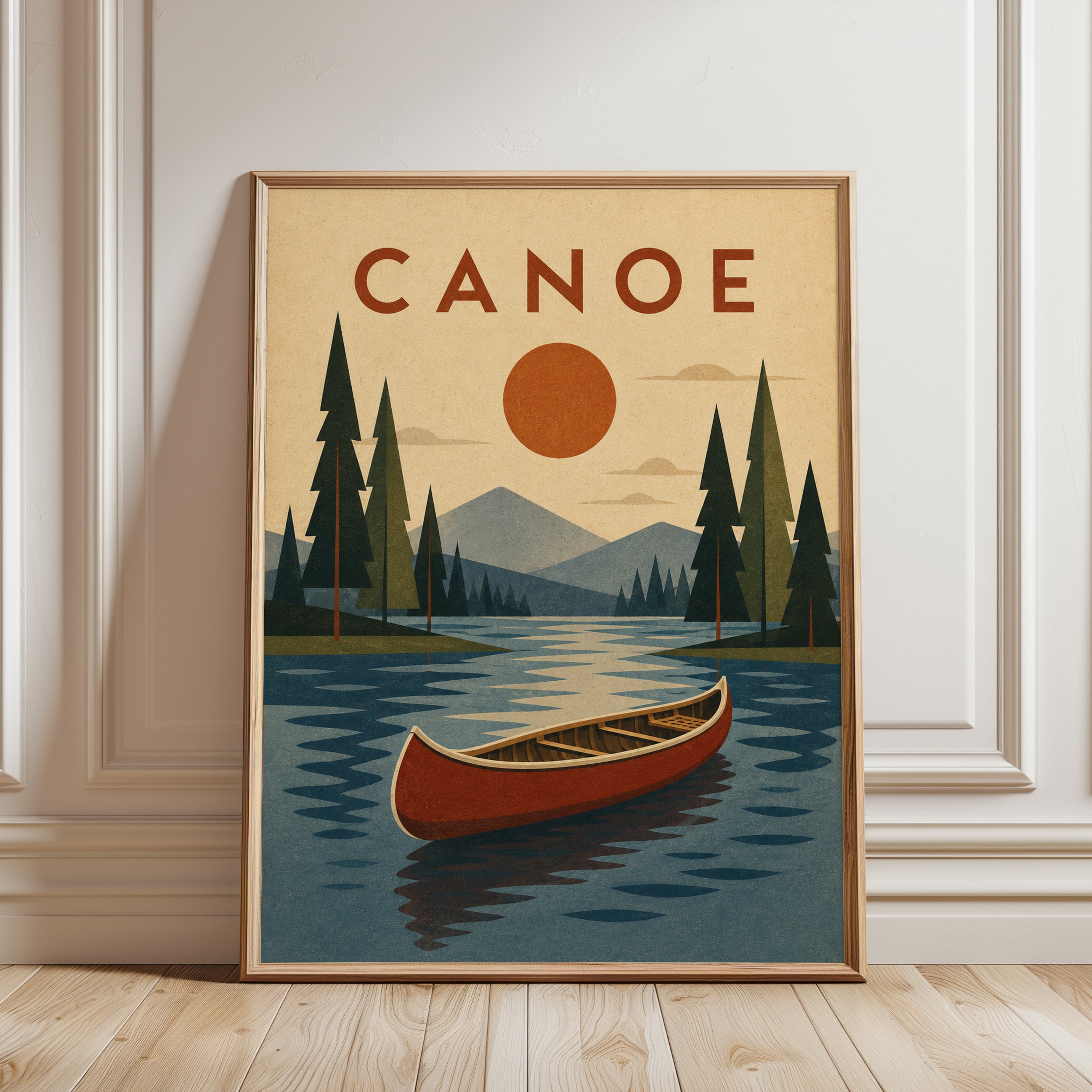 Canoe Vintage Travel Poster: Retro Lake Wilderness Art Print - framed detail