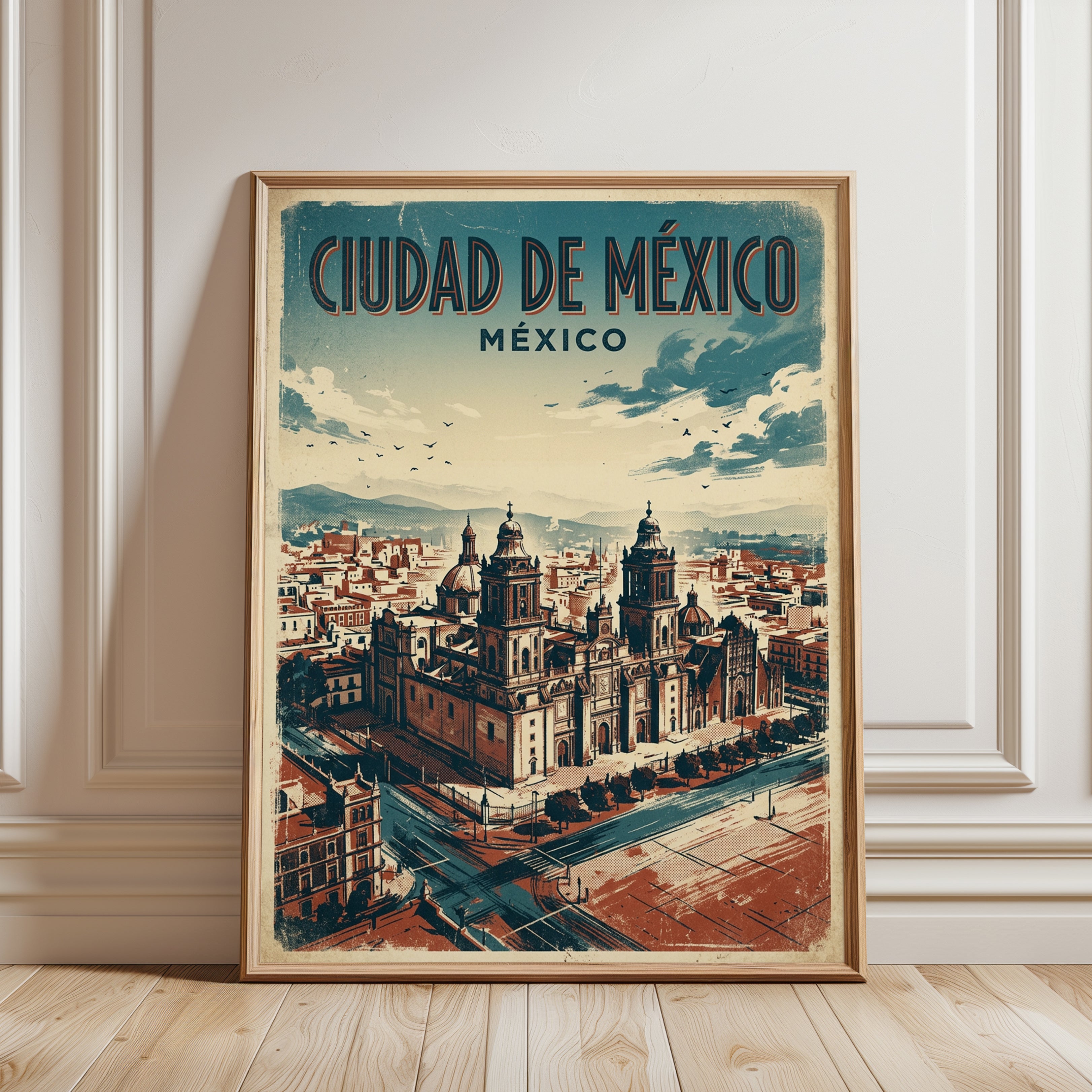 Mexico City Cathedral Vintage Travel Poster – Mid-Century Modern - framed detail