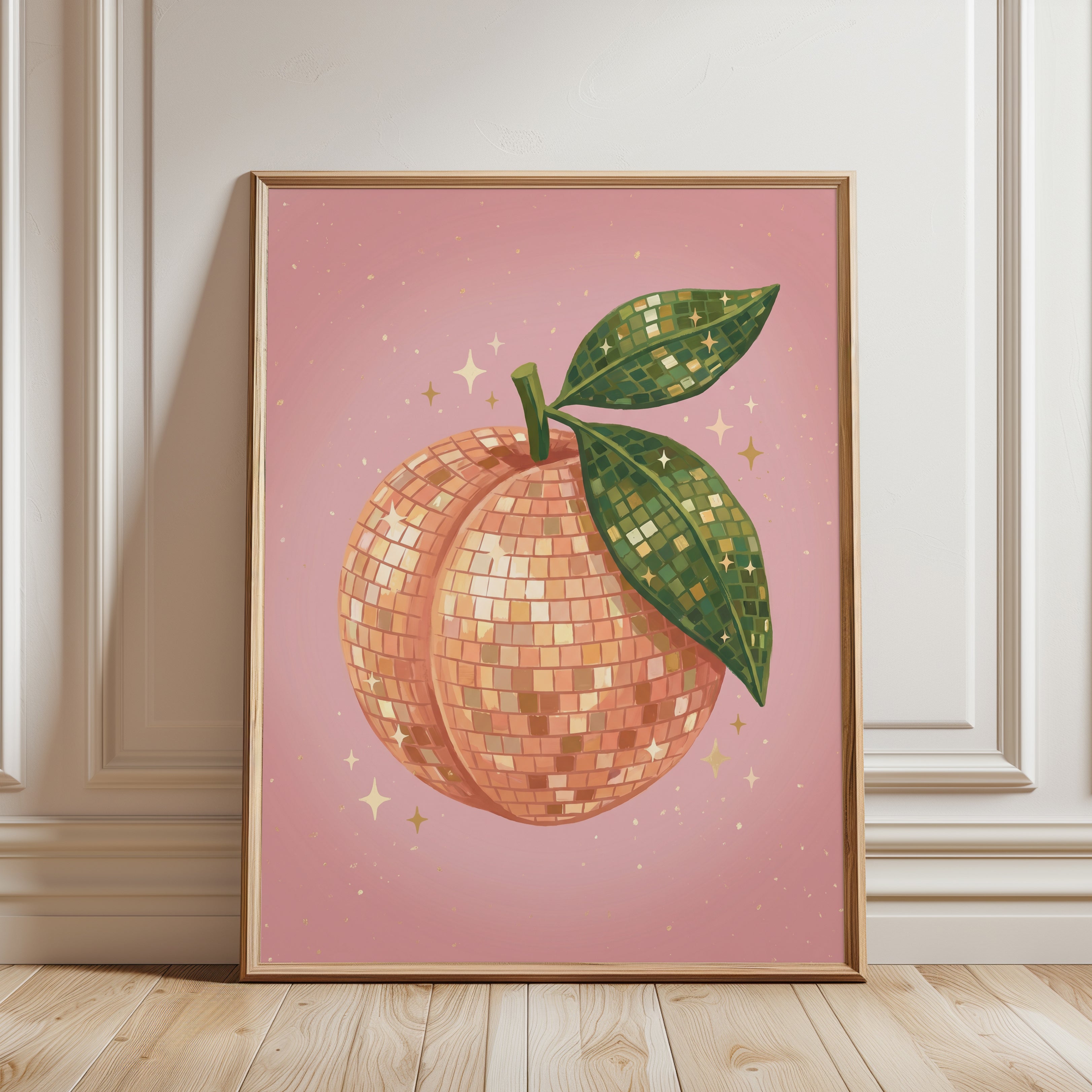 Peach Disco Ball Print: Retro Fruit Art (Multiple Sizes) - framed detail