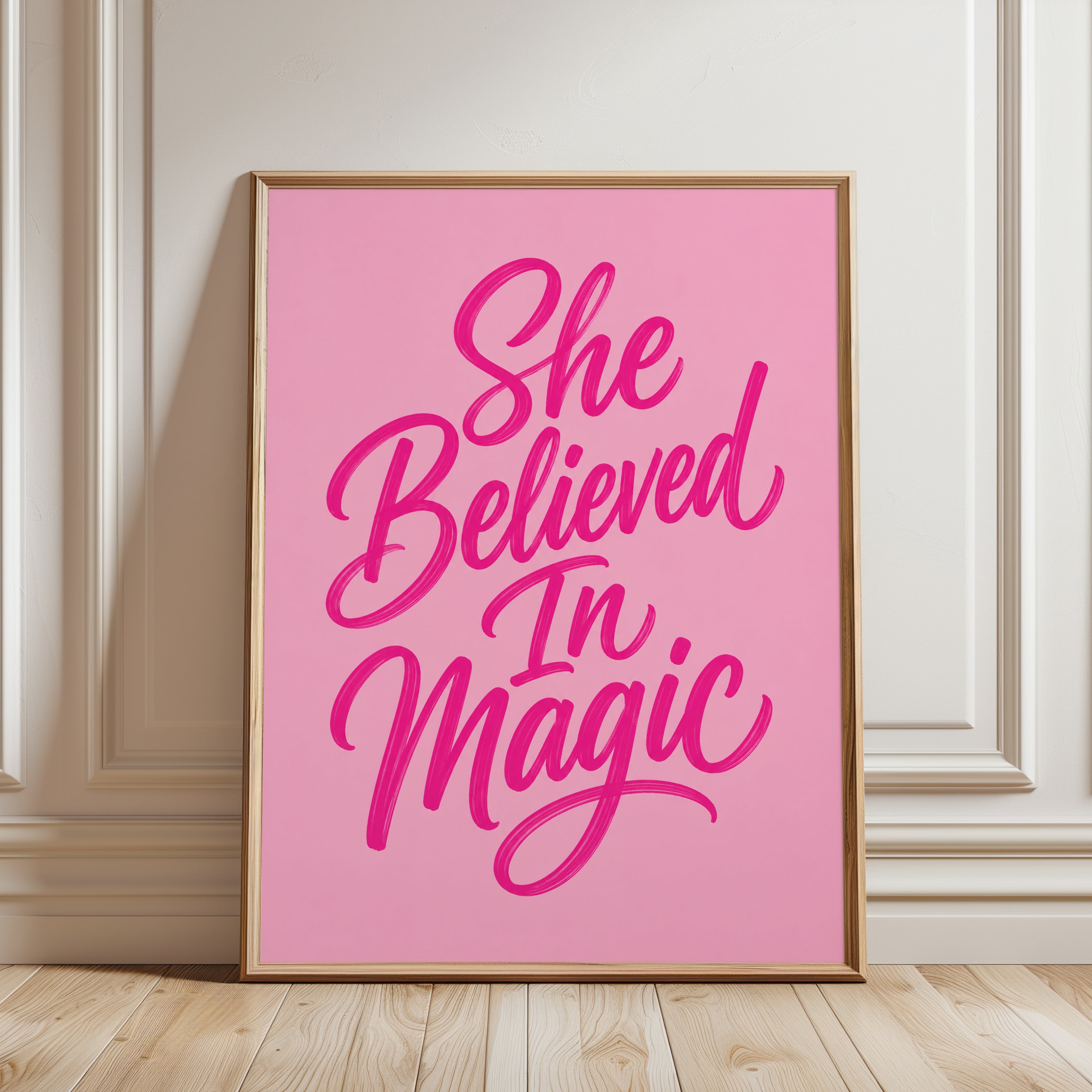 She Believed In Magic Typography Print: Pink Lettering Wall Art - framed detail