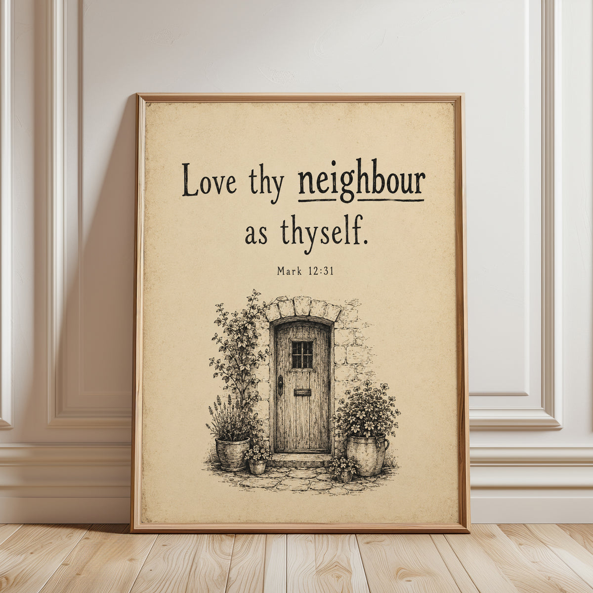 Biblical Wall Art Print: Rustic Cottage Illustration - framed detail