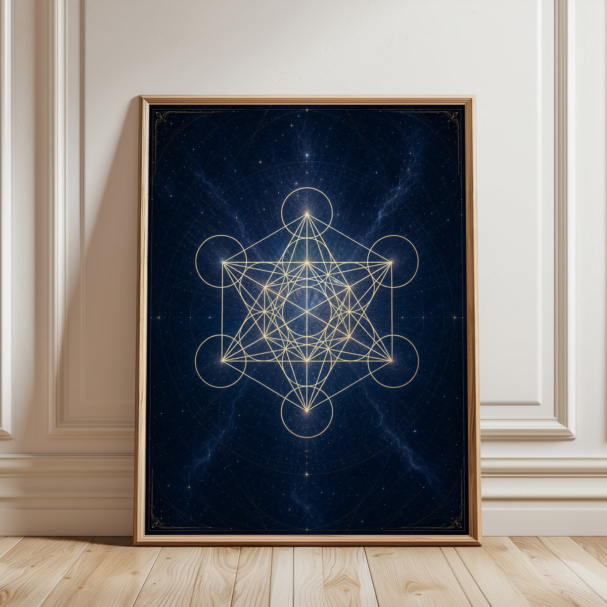 Metatron's Cube Print: Gold Foil Sacred Geometry on Navy - framed detail