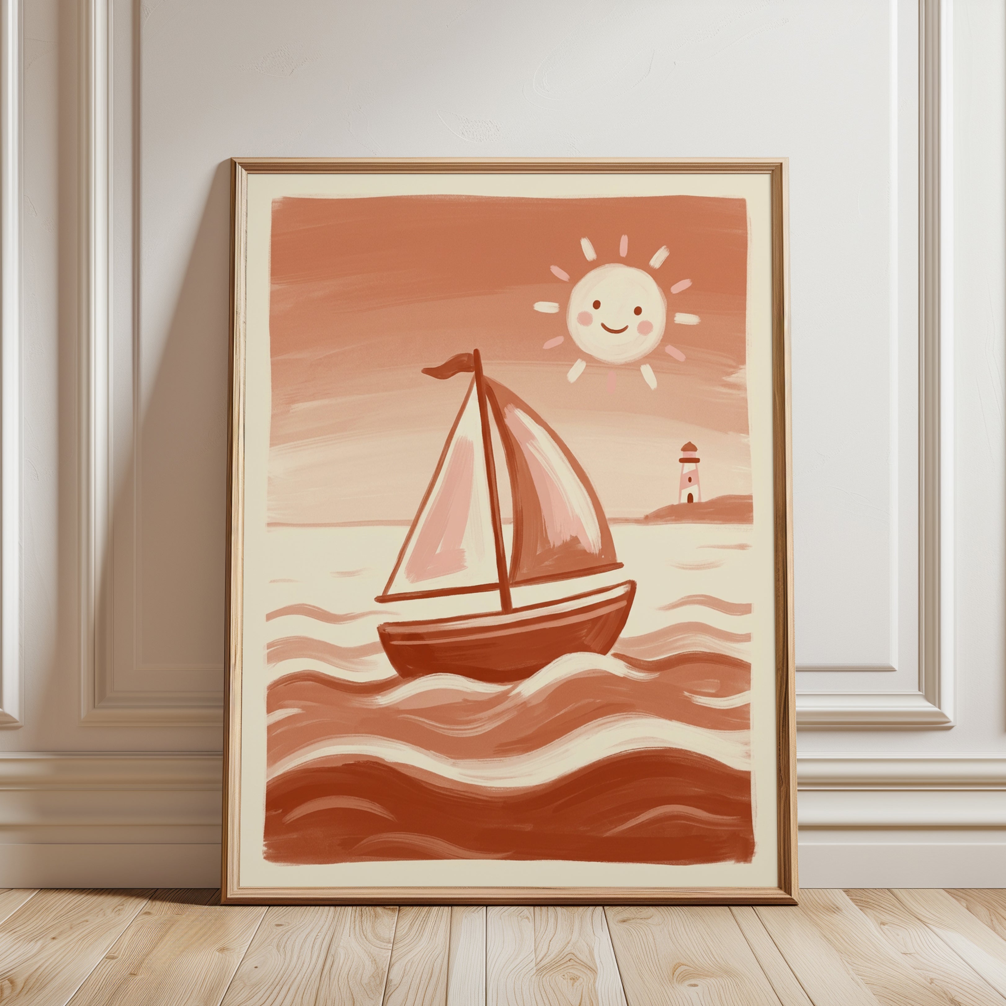 Sailboat at Sunset Poster: Whimsical Coastal Nursery Art Print - framed detail