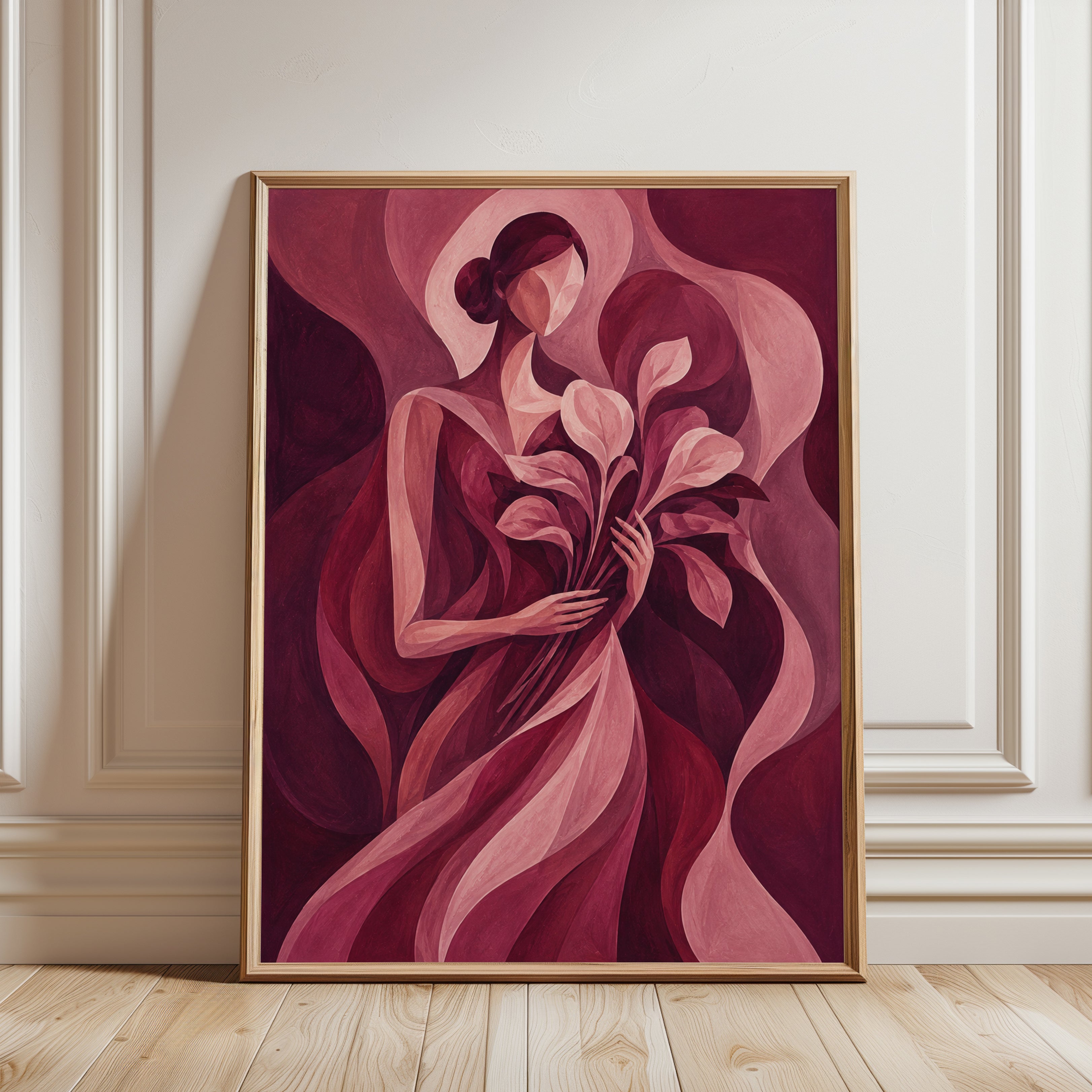 Art Deco Woman With Calla Lilies: Pink and Burgundy Wall Art - framed detail