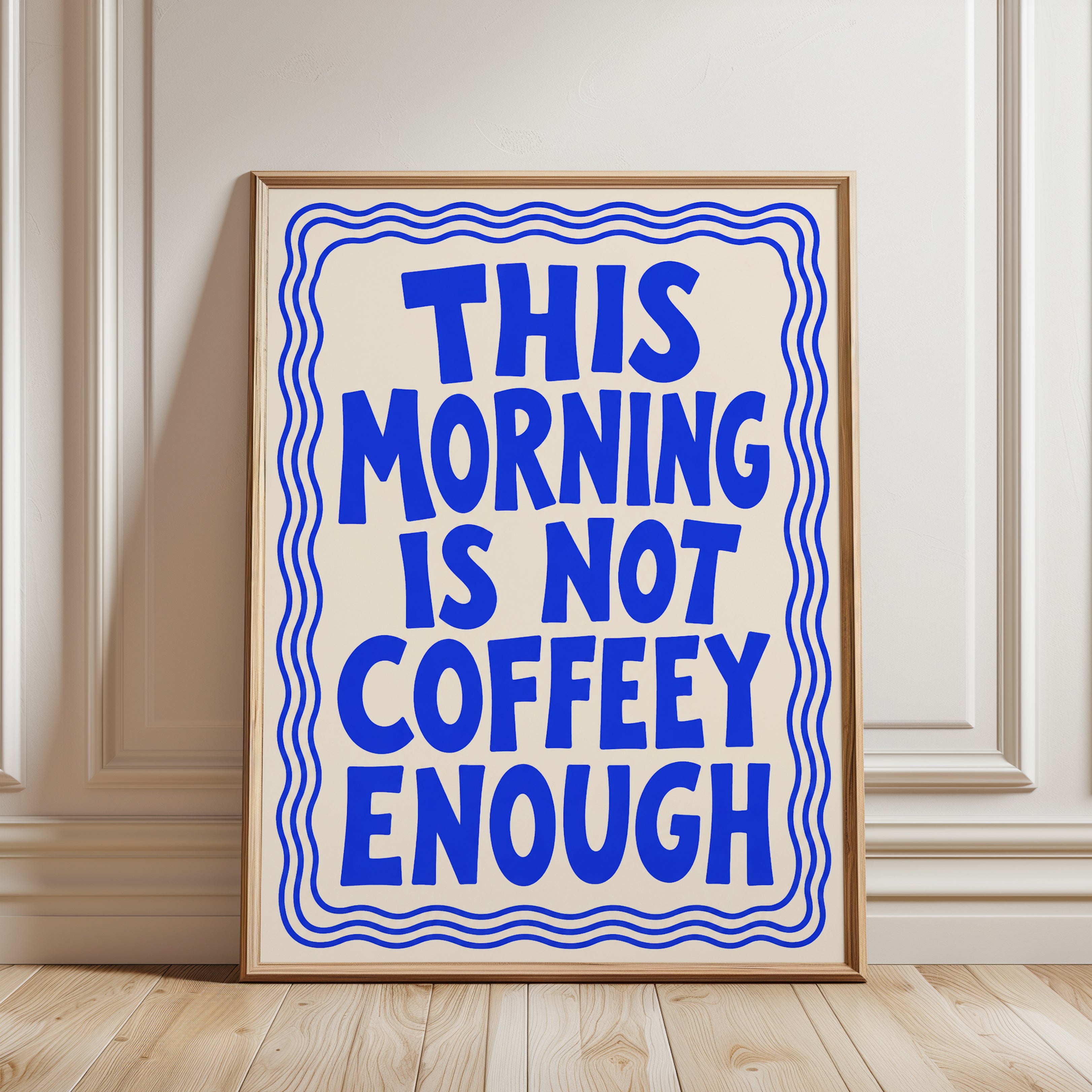 Coffee Typography Print: Bold Blue Lettering for Kitchen Walls - framed detail