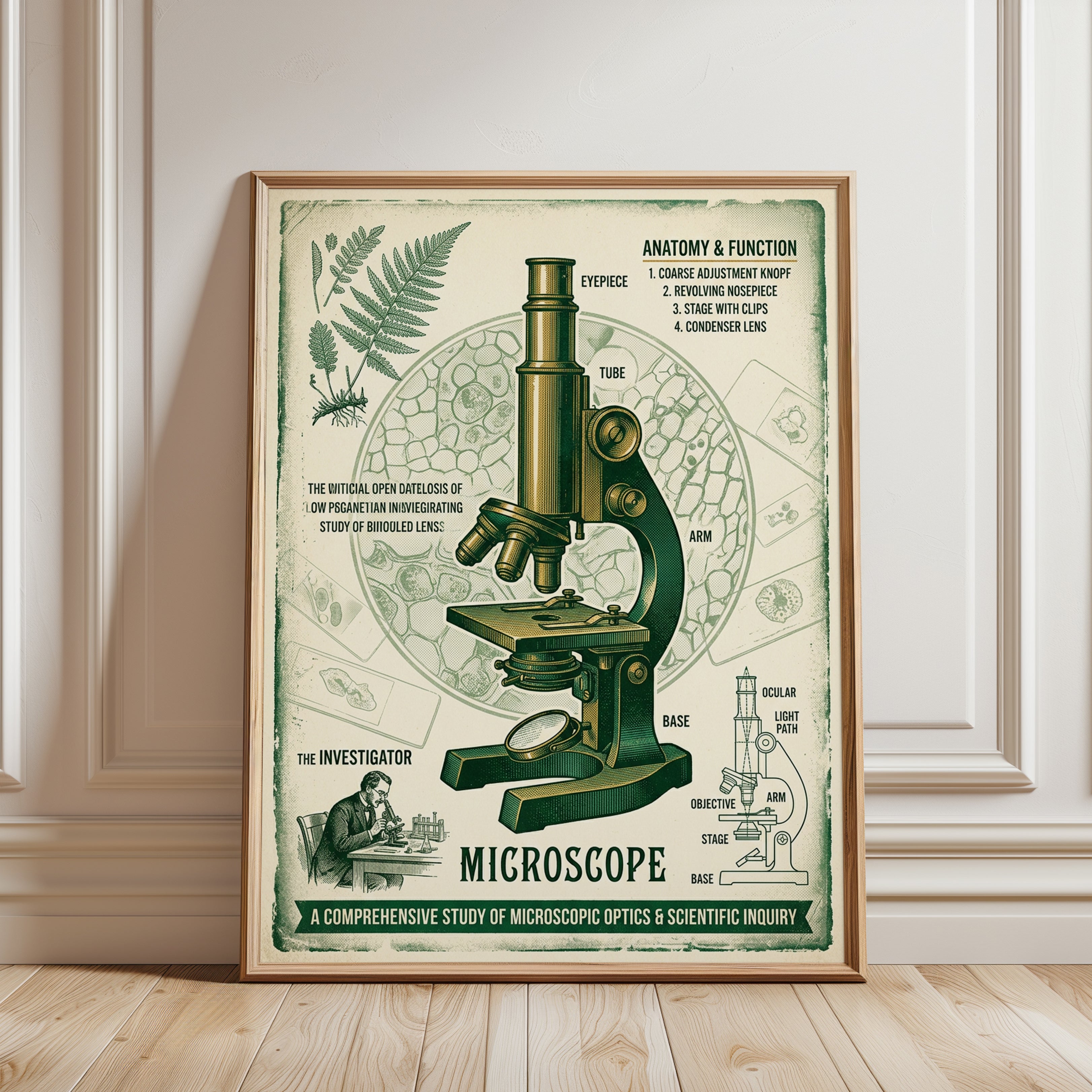 Vintage Microscope Diagram Poster: Scientific Botanical Art Print - framed detail
