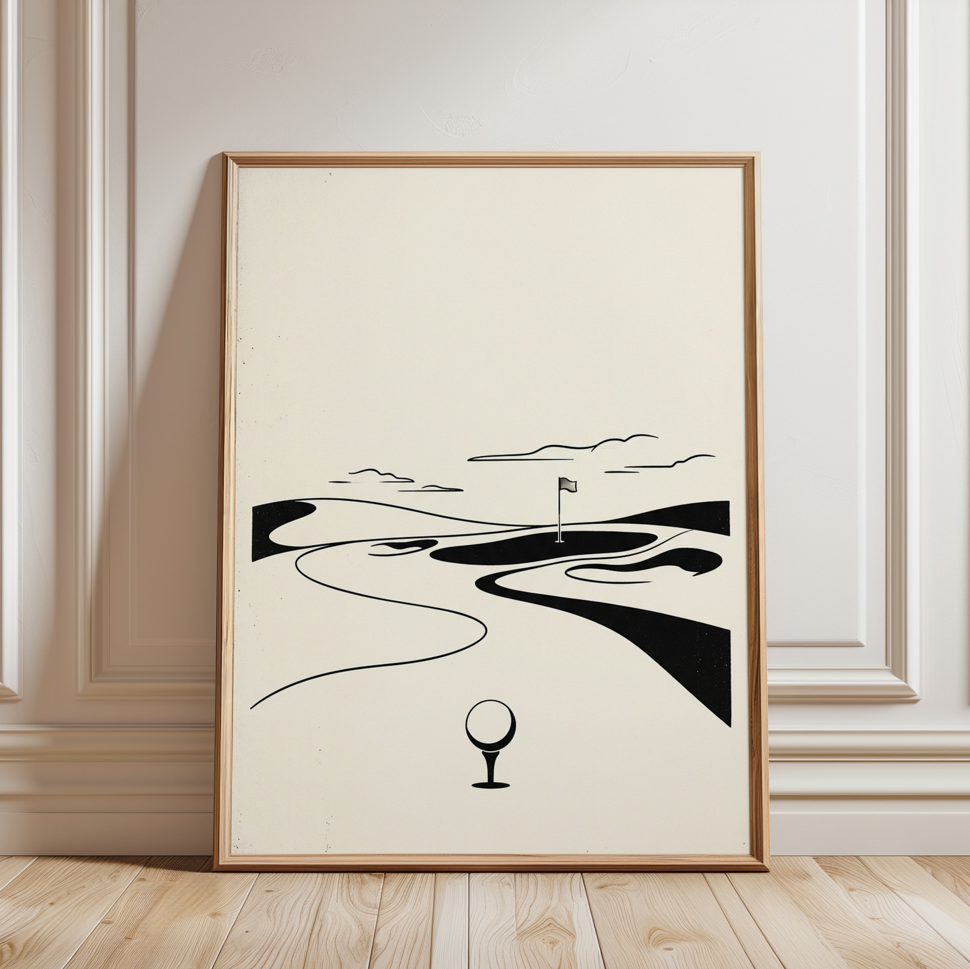 Minimalist Golf Course Art Print: Black and White Line Design - framed detail