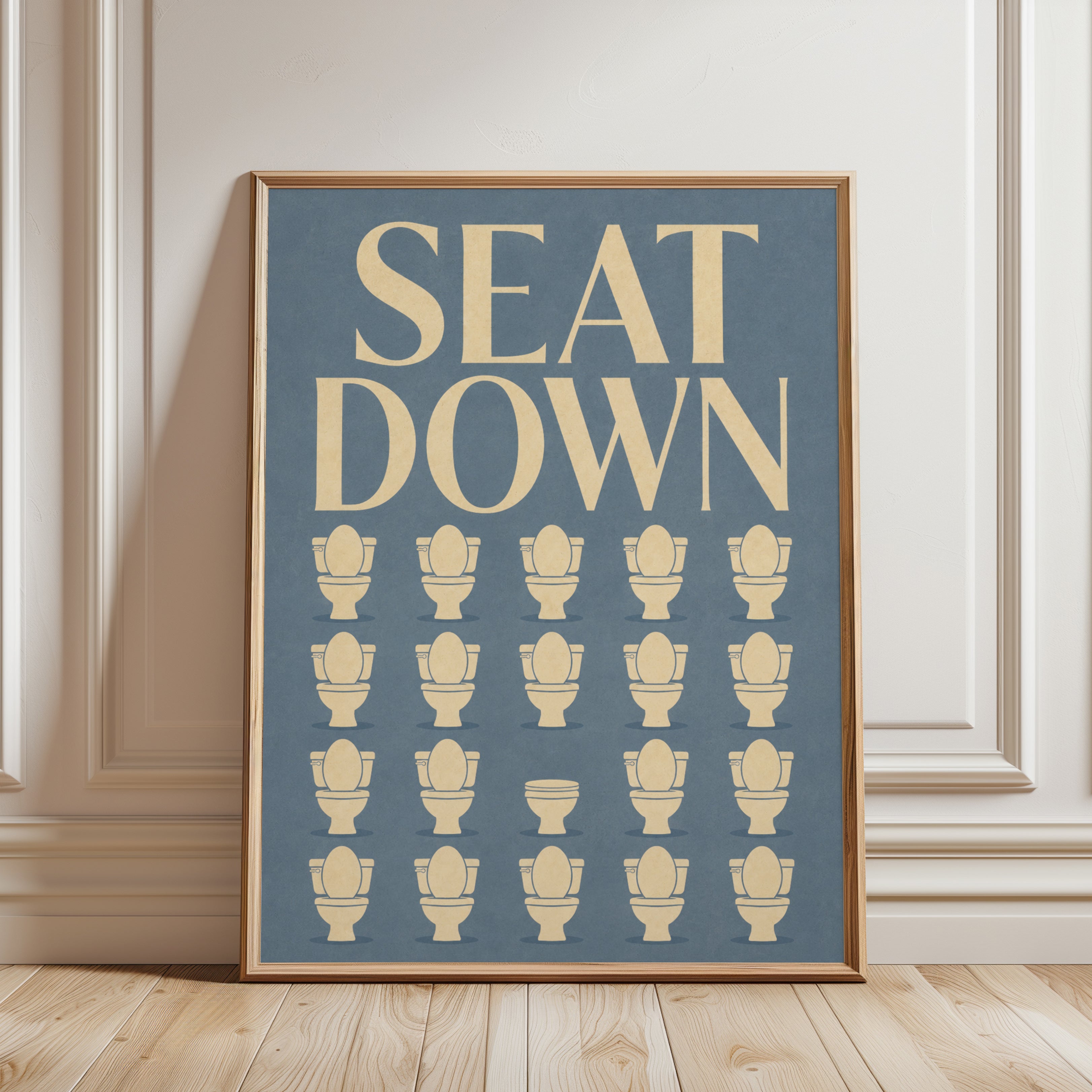 Funny Bathroom Sign Print: Seat Down Typography - framed detail