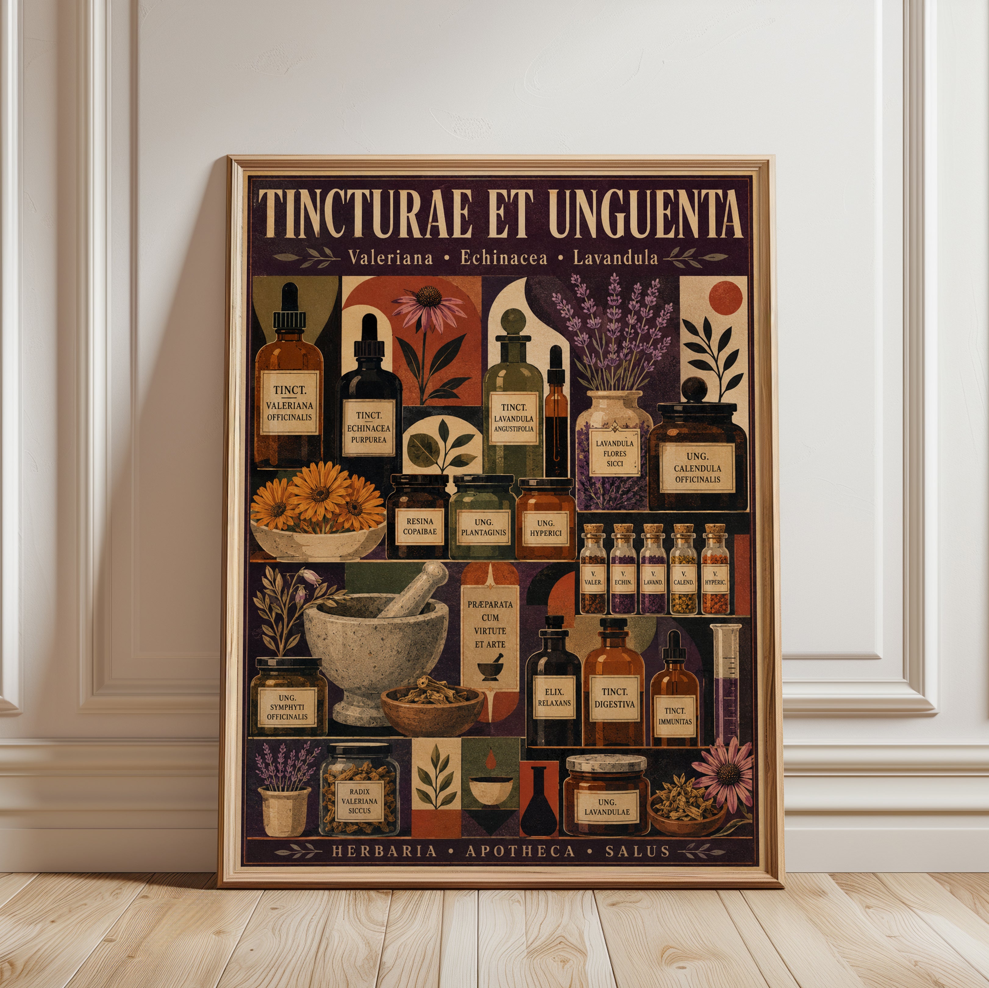 Vintage Herbal Apothecary Poster: Botanical Medicine Wall Art - framed detail