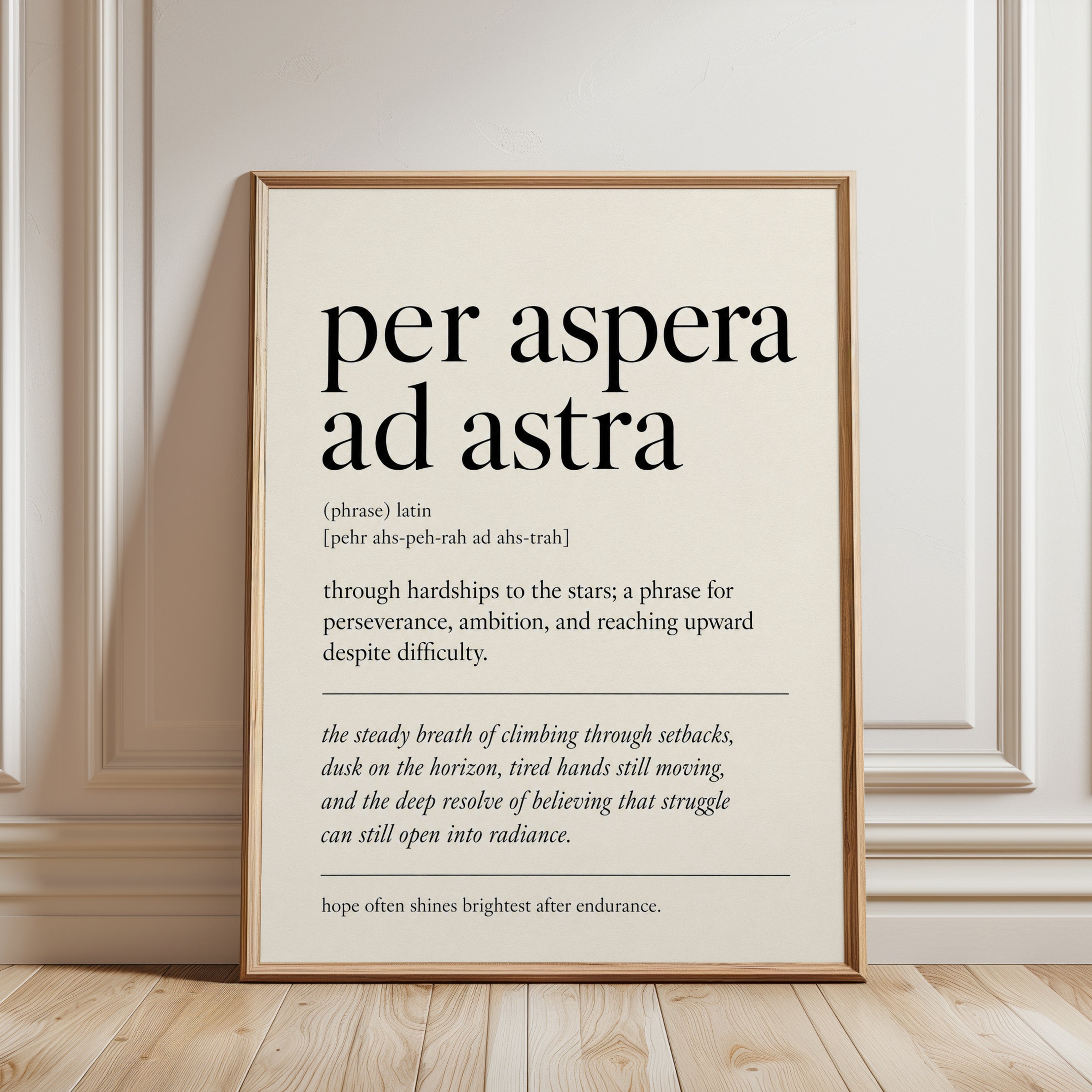 Per Aspera Ad Astra Latin Quote Print: Minimalist Typography - framed detail