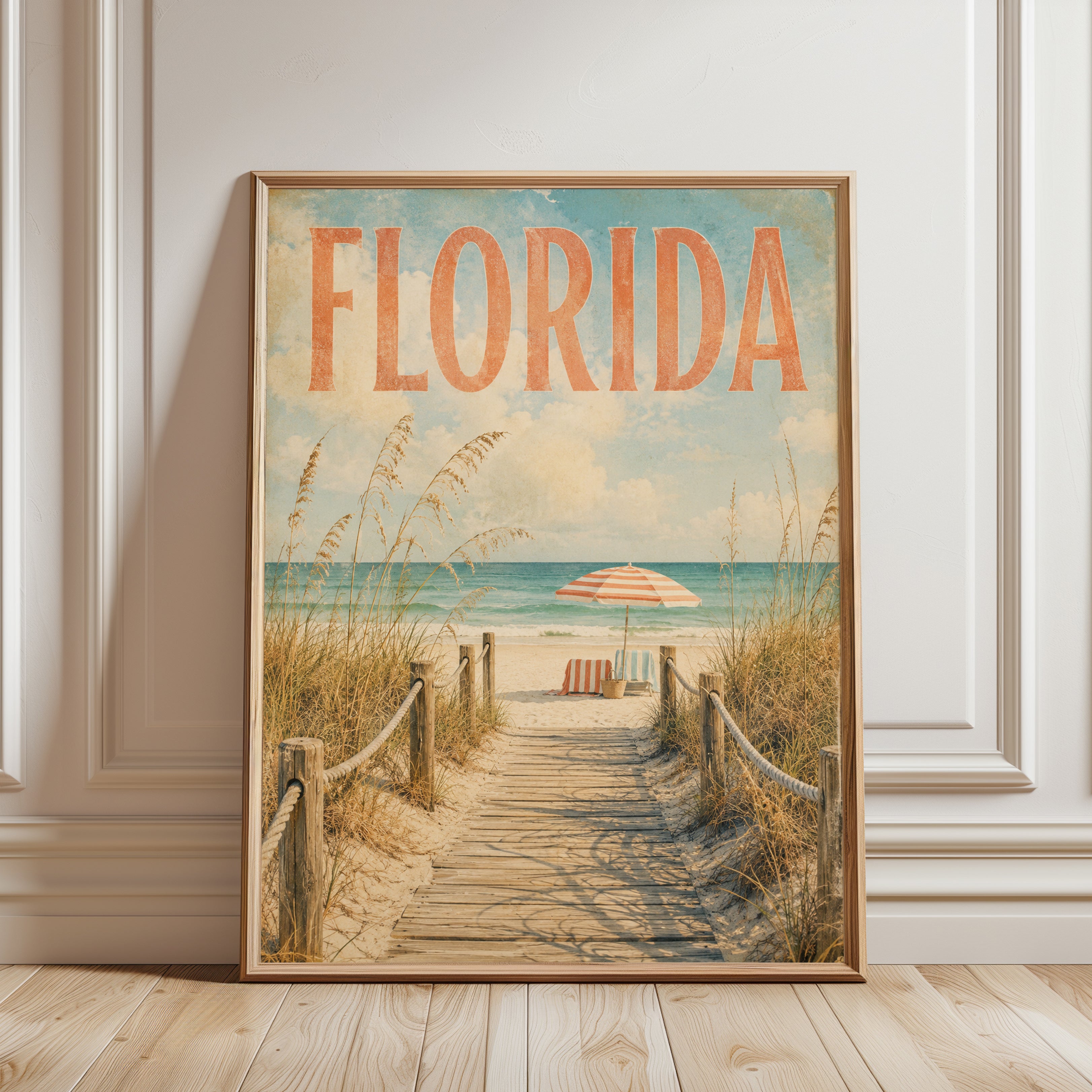 Florida Beach Wall Art: Vintage Coastal Travel Poster Print - framed detail