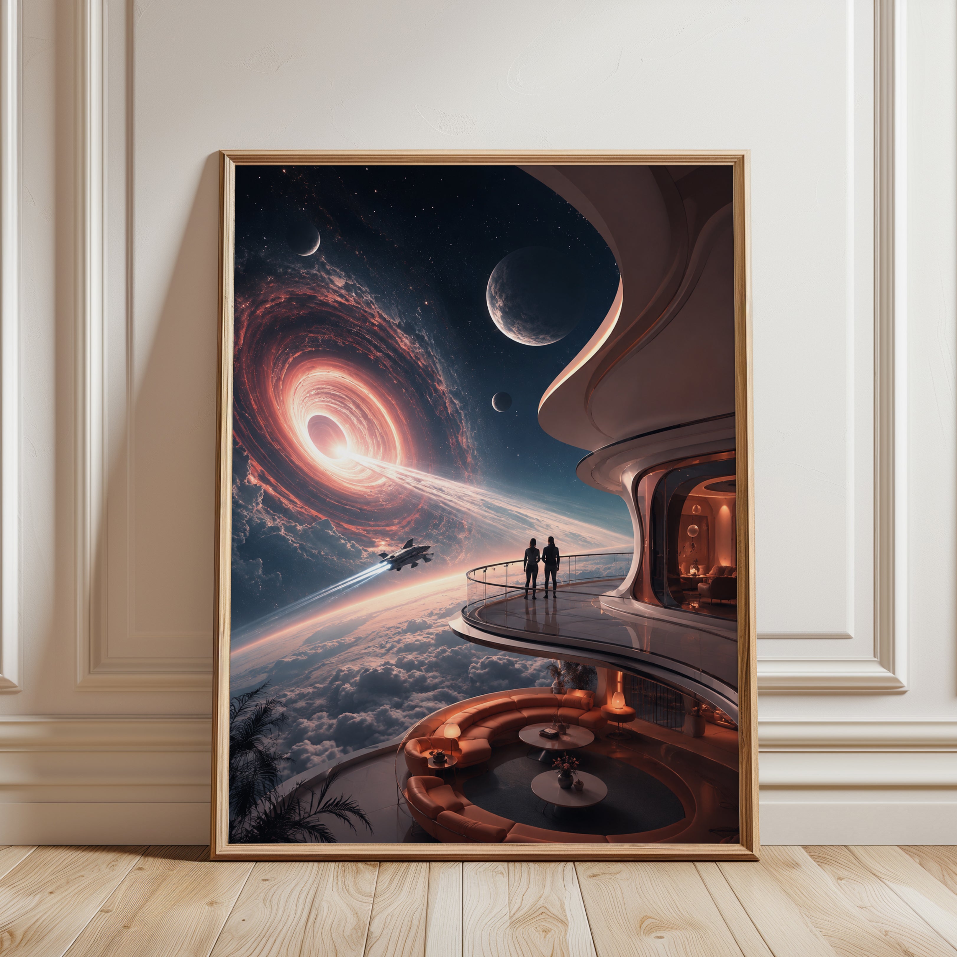 Futuristic Space Observatory Art Print: Spiral Galaxy View - framed detail