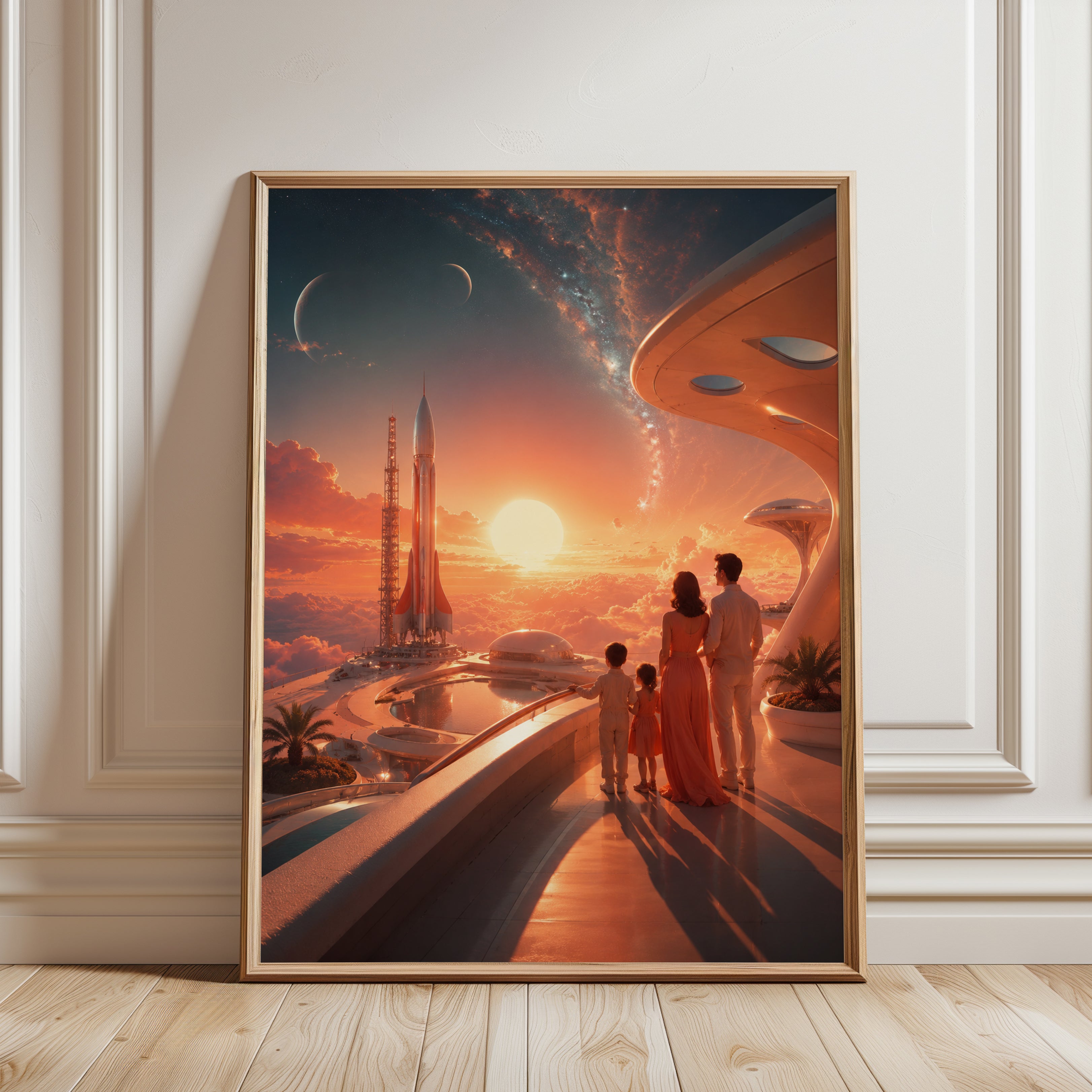 Retro Futuristic Space Colony Art Print: Orange Sunset Vision - framed detail