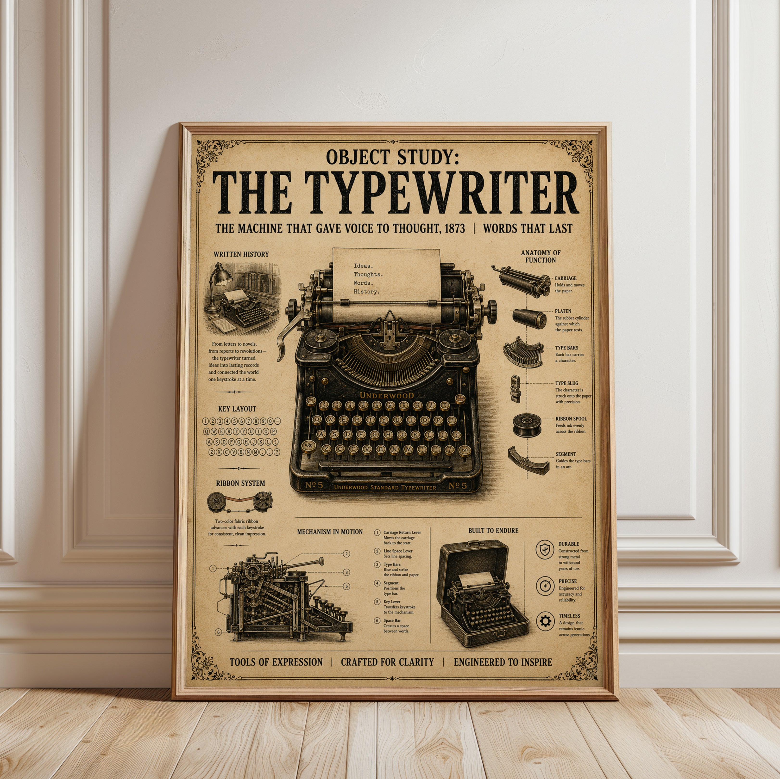 Vintage Typewriter Blueprint Poster: Victorian Technical Diagram - framed detail