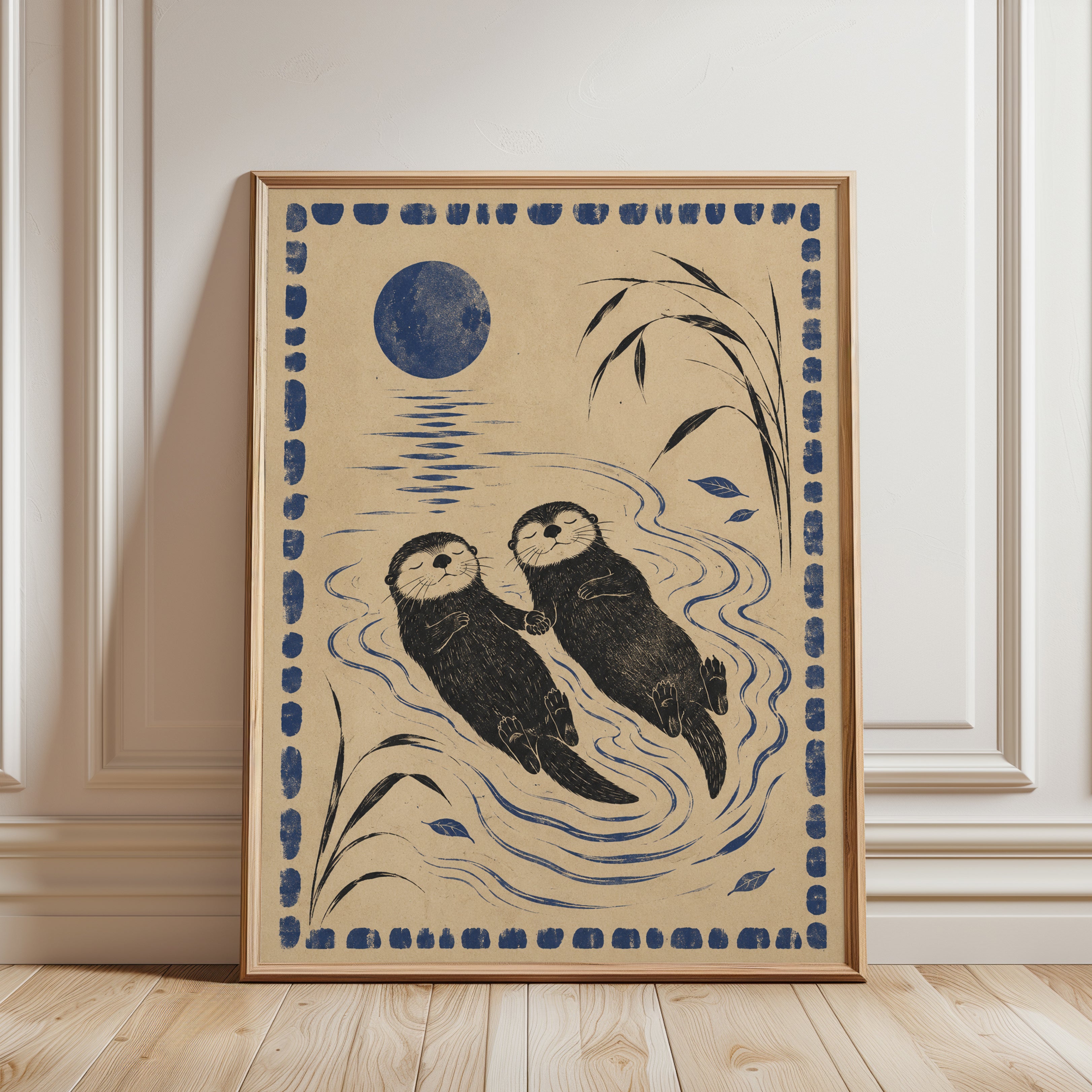 Sea Otter Wall Art – Japanese Folk Style Print - framed detail