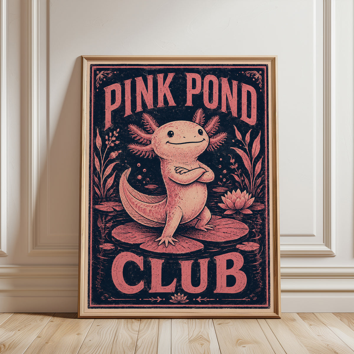 Axolotl Vintage Poster - framed detail
