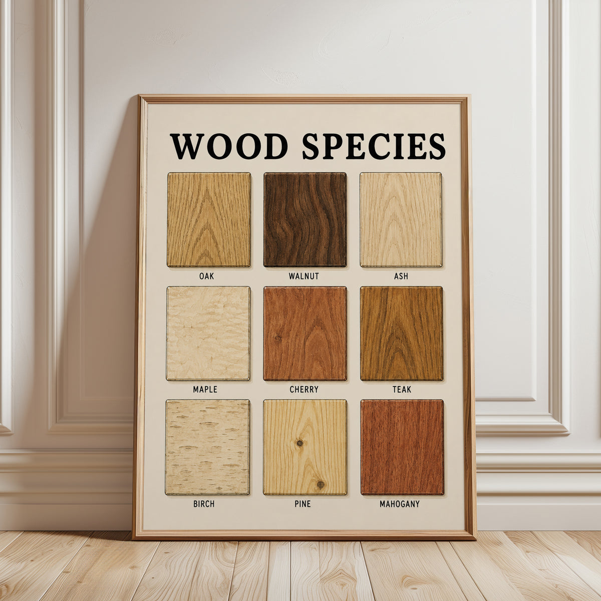 Wood Species Chart Wall Art: Educational Grain Reference Print - framed detail