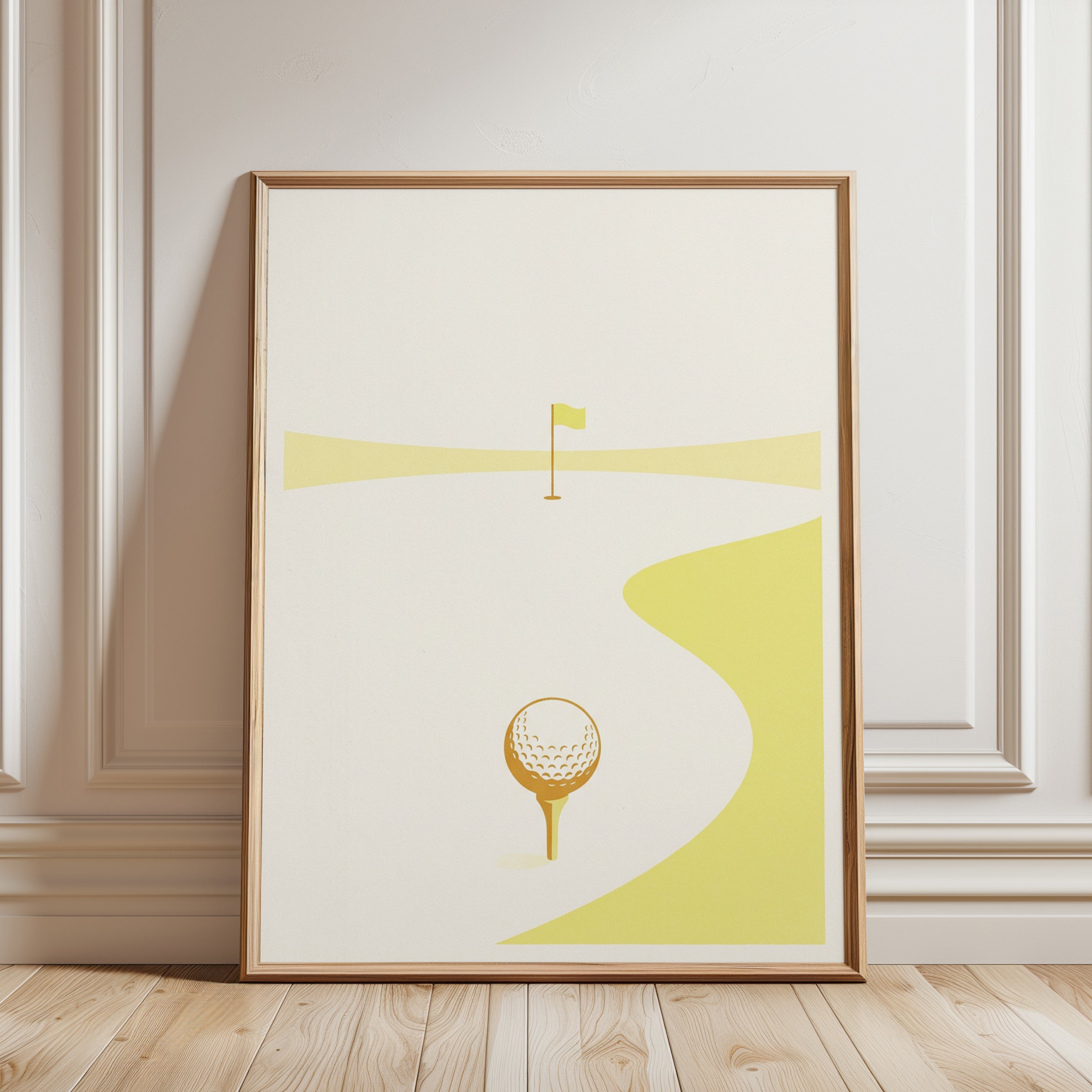 Minimalist Golf Course Print: Yellow and Gold Geometric Design - framed detail