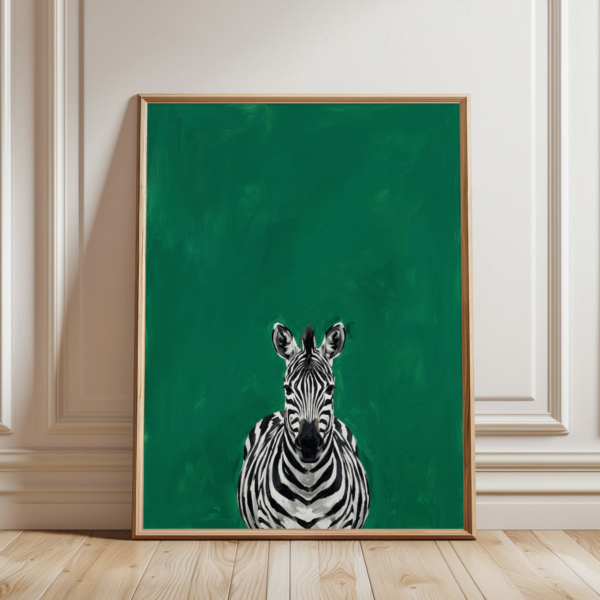 Zebra Portrait Print – Bold Emerald Green Modern Animal Wall Art - framed detail