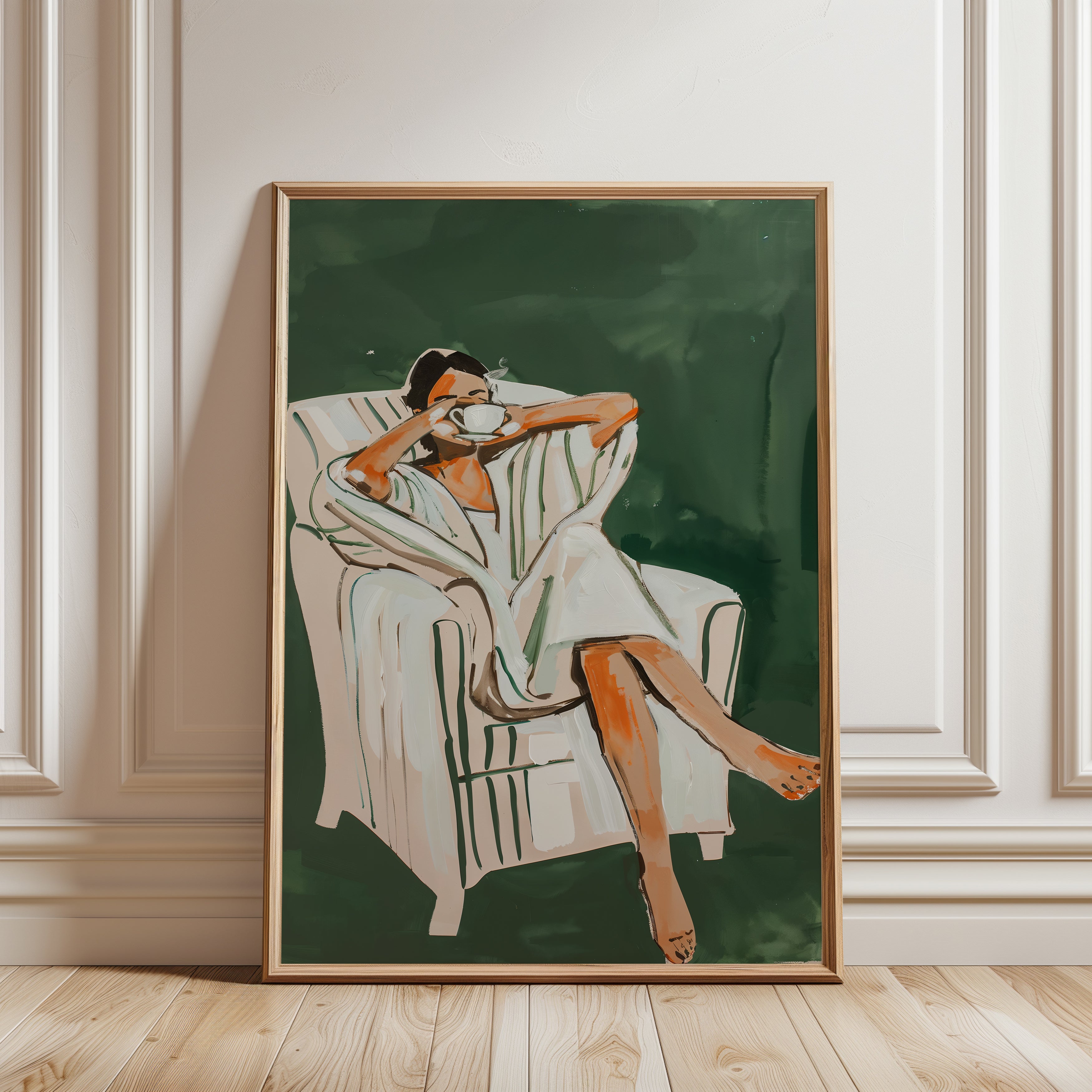 Relaxing Woman Wall Art Print – Emerald Green - framed detail