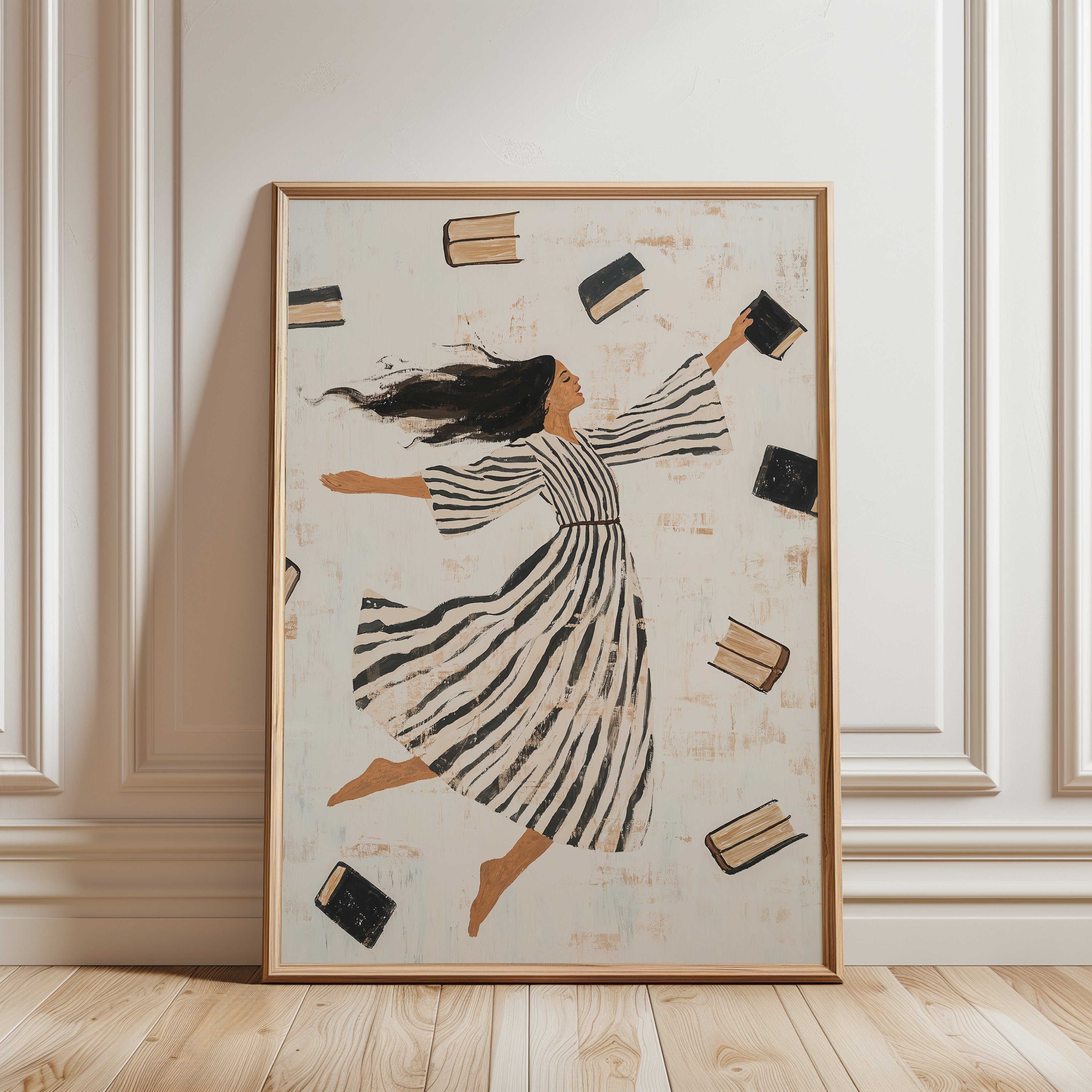 Whimsical Reading Art: Floating Books and Striped Dress (Unframed Prin - framed detail
